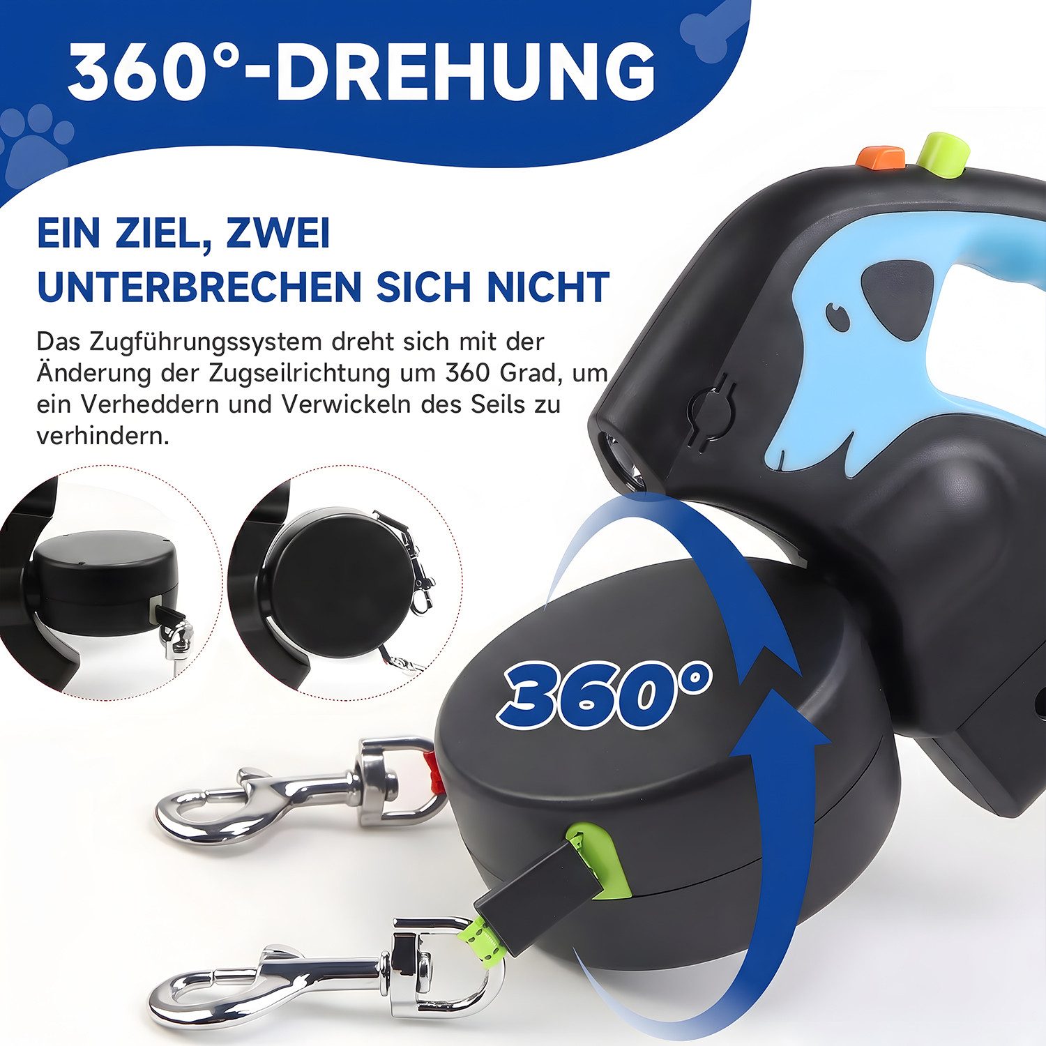 AIMAX Hundeleine Automatische Leine mit Taschenlampe 3M, Doppelleine für 2 Hunde, (Pet Walking Führleine mit Licht für kleine Hunde bis zu 10kg Gewicht, Ausziehbare 360 ° Verwicklungsfreie, EIN-Knopf-Verriegelung Bremse), Rutschfestem Griff, Hundeleine mit box für Kotbeutel oder Leckerlis