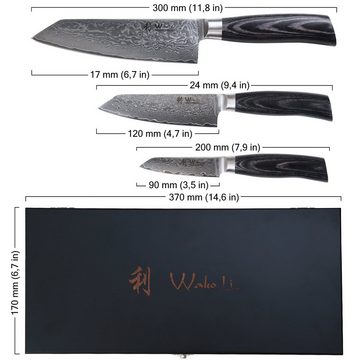 Wakoli Messer-Set Edib Pro Black 3er Damastmesser I Holzbox I 11-17cm Klinge I Pakkaholz