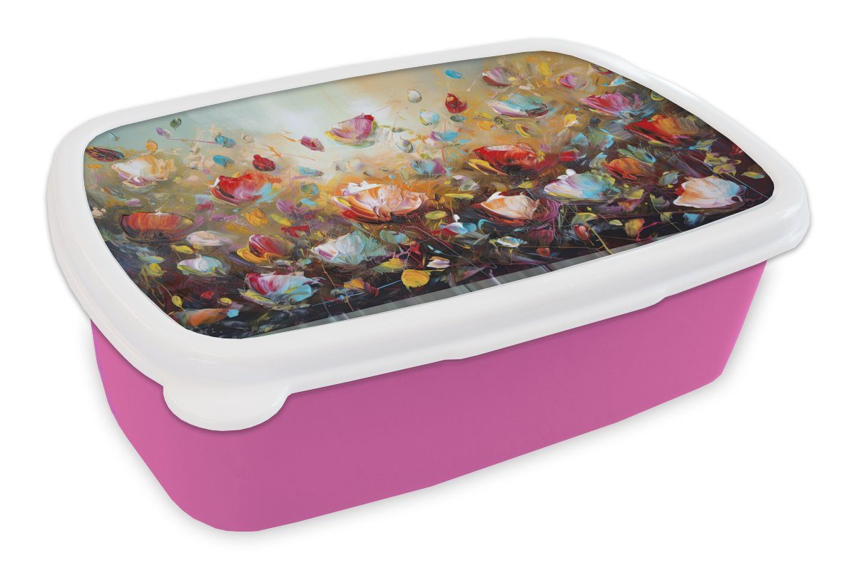 MuchoWow Lunchbox Blumen - Kunst - Natur - Ölgemälde, Kunststoff, (2-tlg), Brotbox für Erwachsene, Brotdose Kinder, Snackbox, Mädchen, Kunststoff rosa