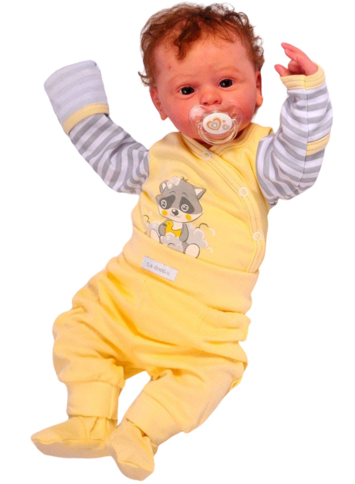 Body & Hose Wickelbody Schlupfhose Baby Anzug Erstlingsset in Gelb mit Waschbär