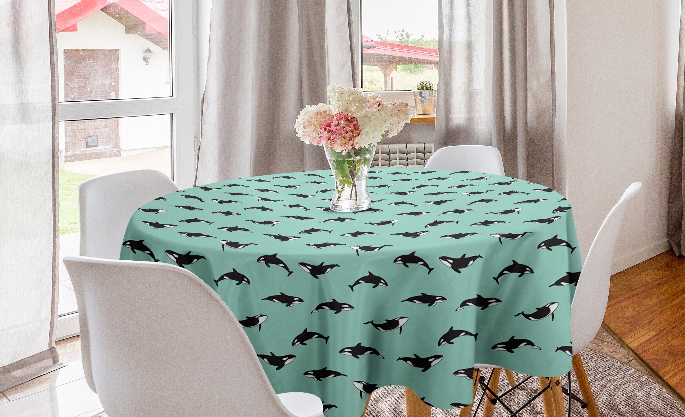Abakuhaus Tischdecke Kreis Tischdecke Abdeckung für Esszimmer Küche Dekoration, Wale Unregelmäßig Angeordnet Säugetiere