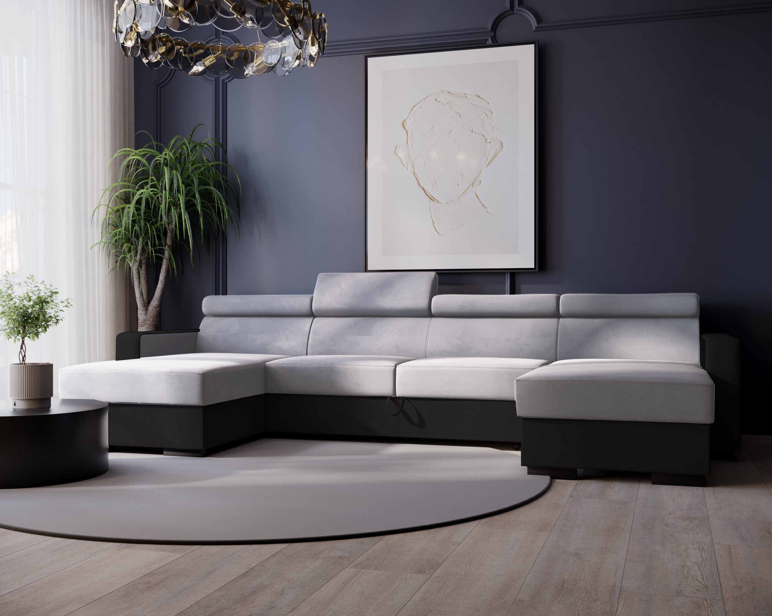 Goldstoff Ecksofa mit Schlaffunktion und Bettkasten - DIWIA U Wohnzimmer Sofa - Eckcouch, 4 verstellbare Kopfstützen