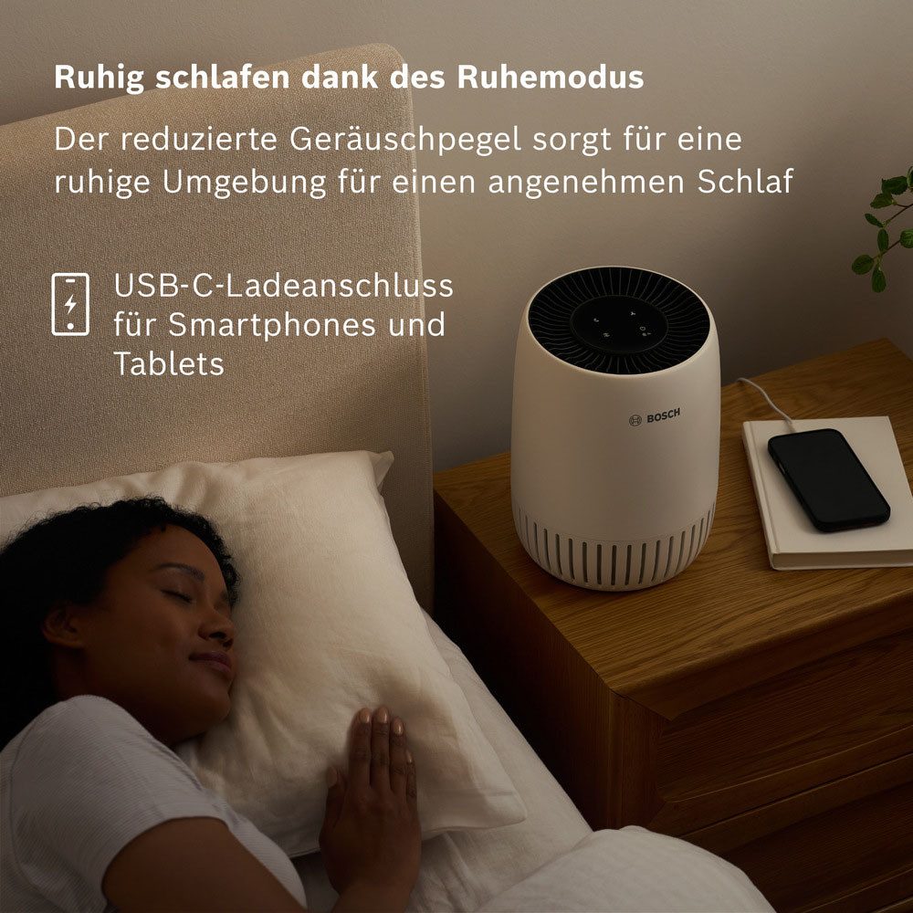 BOSCH Luftreiniger Air 500, für eine effektive Reinigung, kompaktes Design, für 23 m² Räume, USB-C Anschluss zum Laden eines Smartphones und Ruhemodus
