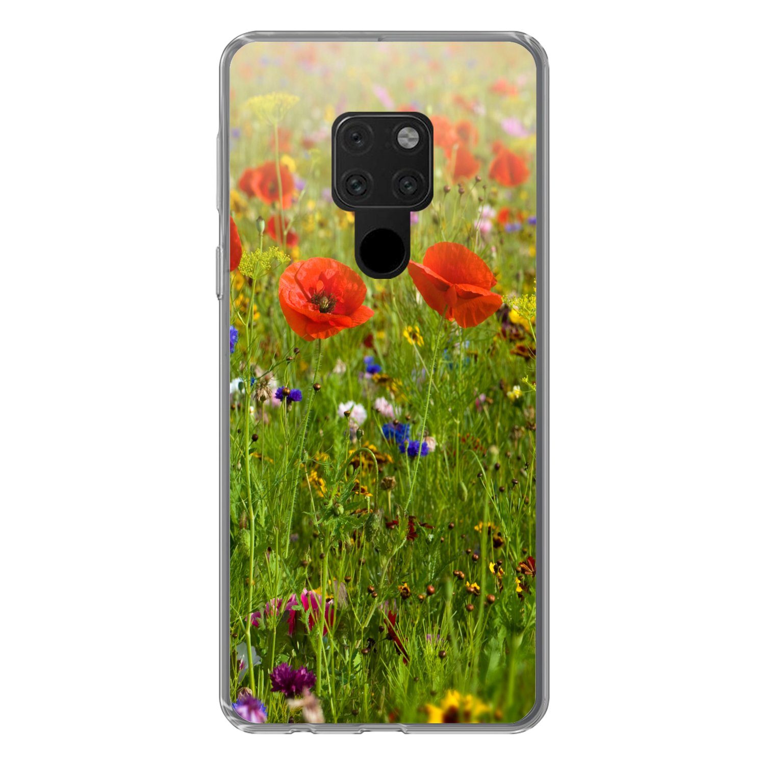 MuchoWow Handyhülle für Huawei P40 Lite Frühling - Blumen - Rot - Mohn - Gras - Grün, Handy Case, Silikon, Bumper Case Dünn