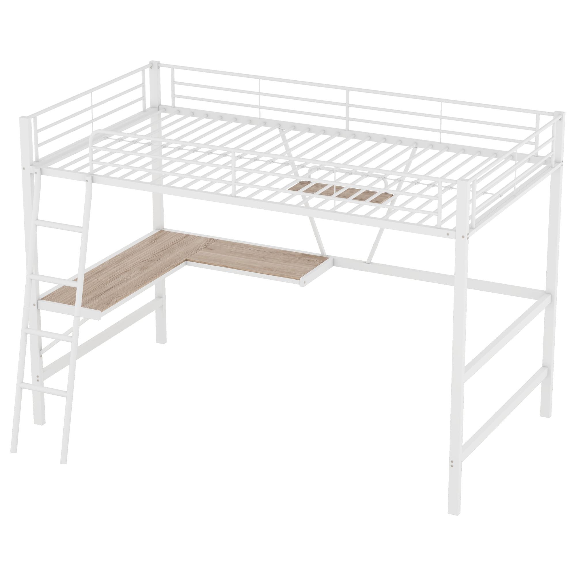 Ulife Loft Bed 90x200 with L-Shaped Desk & Shelf (White, Metal)