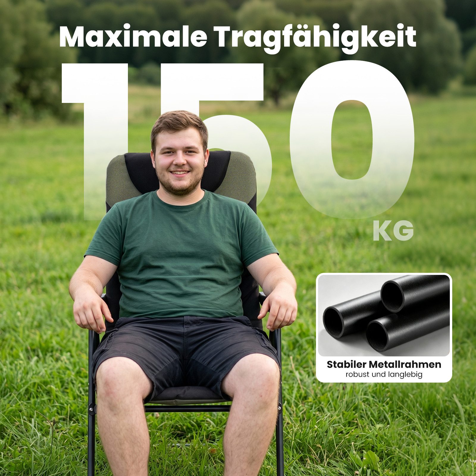 HOMECALL Campingstuhl Gartenstuhl Gepolsterter Klappstuhl für Wohnwagen Outdoors-150kg (1 St), Hochlehner Anglerstuhl mit 5-fach verstellbarer Rückenlehne