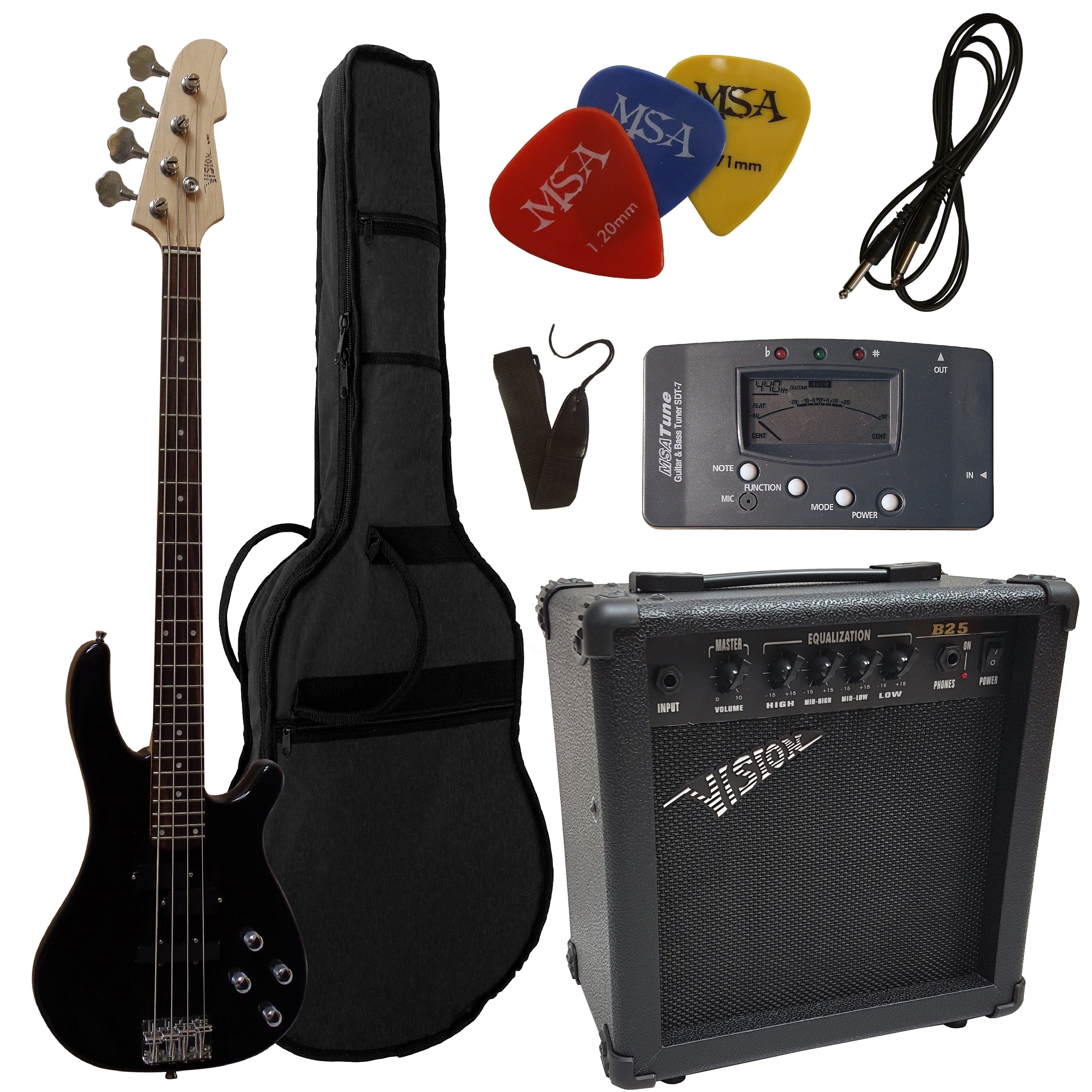 MSA E-Bass Set Elektrobass im 30 Watt Set, Gigbag, Band, Stimmgerät, Pleks, E-Bass JB