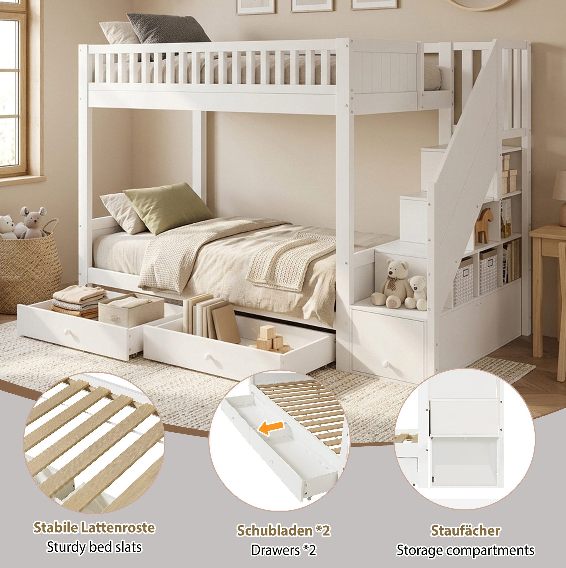 MODFU Etagenbett Kinderbett mit Stauraumlösung, praktischer Treppe (Holzbett 90x200 cm, 2 Schubladen-Bettkästen und Schutzgeländer, Funktionsbett Stauraumbett), ohne Matratze