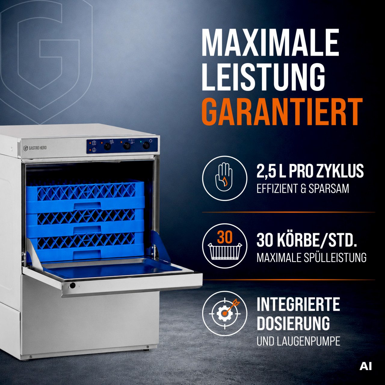 GastroHero Dönergrill Geschirrspülmaschine 50x50 ECO GSME54SL 230/400V Gastro, 4900 W