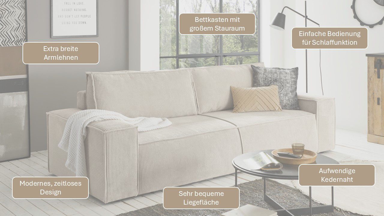 OTTO home 3-Sitzer SHERWOOD Cord Schlafsofa (257cm), Schlaffunktion mit Bettkasten (ca. 136/200cm) – Bild 4 von 5