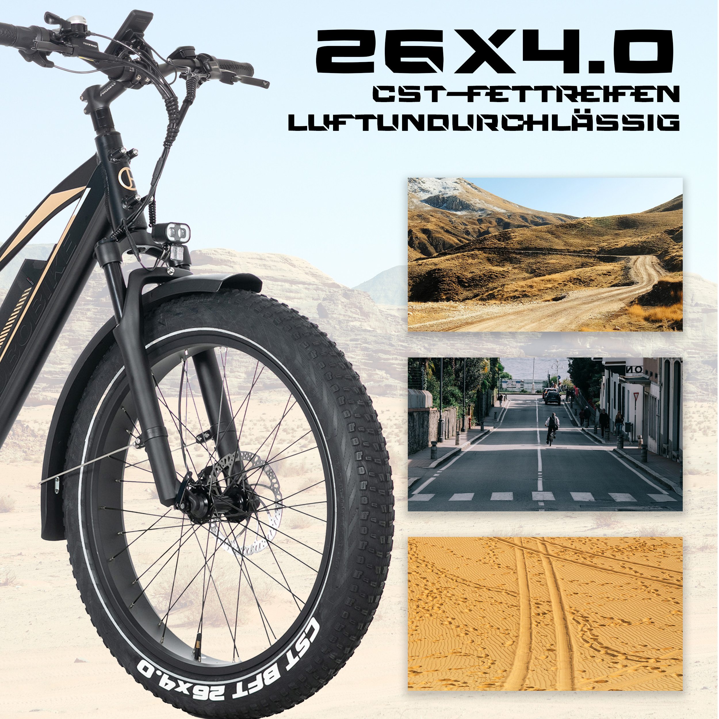 JOBOBIKE E-Bike Mountainbike 26x4 Zoll, bis zu 180km, mit Bremslicht- und Blinker, Fatbike, MTB, 7 Gang Shimano, Kettenschaltung, Heckmotor, 960 Wh, (LCD-Farbdisplay, CST Reifen mit Pannenschutz, hydr. Scheibenbremsen), 80Nm, 5 Stufen, Federgabel, Gefederte Sattelstütze, Aluminiumrahmen