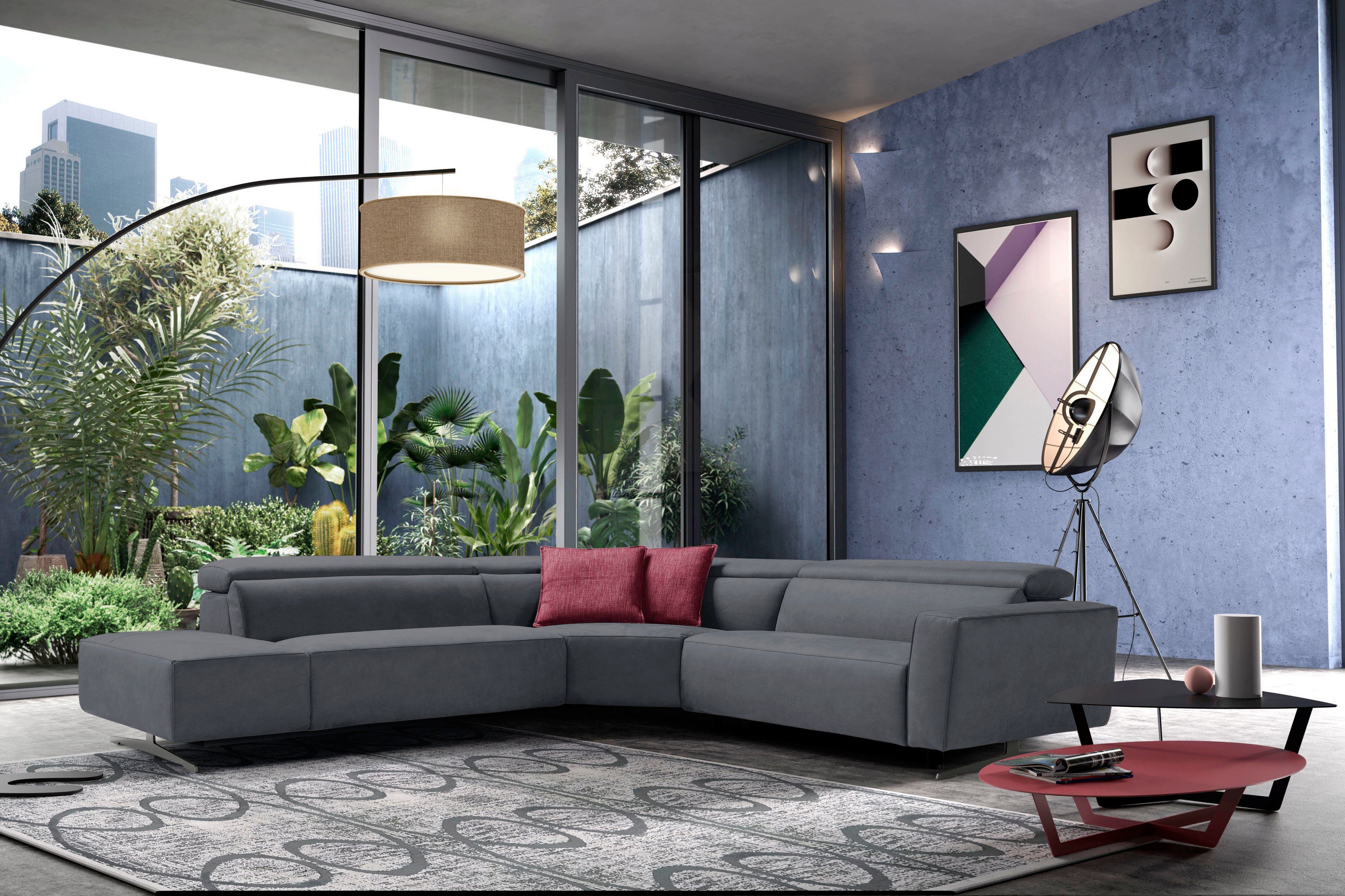 Egoitaliano Ecksofa Stefanie-e, Designsofa der Extraklasse, bequem mit hohem Sitzkomfort, mit Relaxfunktion und verstellbaren Kopfteilelementen