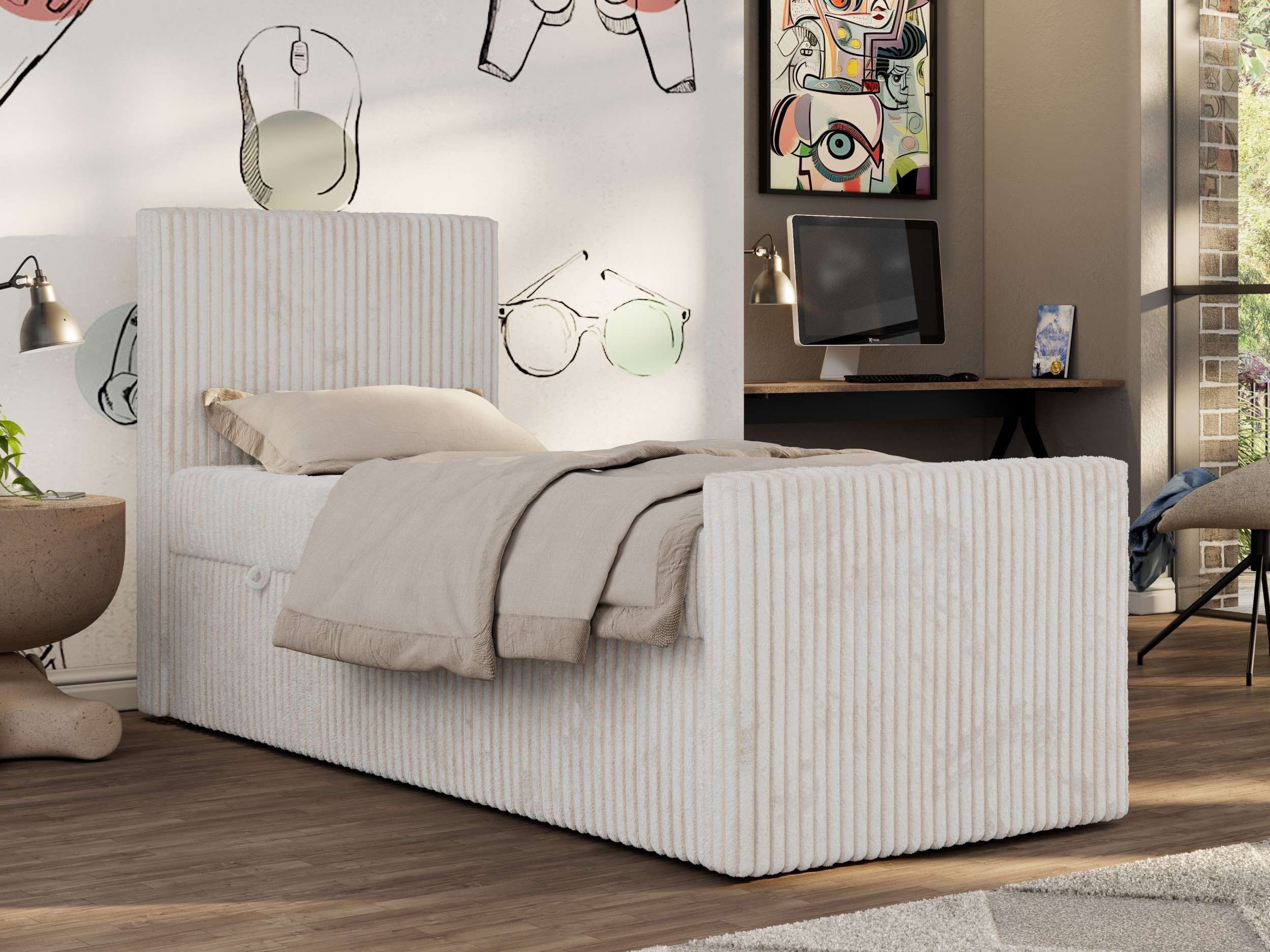 MKS MÖBEL Jugendbett TILIO DUO (Set, T30 Schaum, 7 Härtezonen, Multipocket Matratze), Einzelbett 90x200, hohe Kopfteil, Cordstoff, Bett mit Stauraum