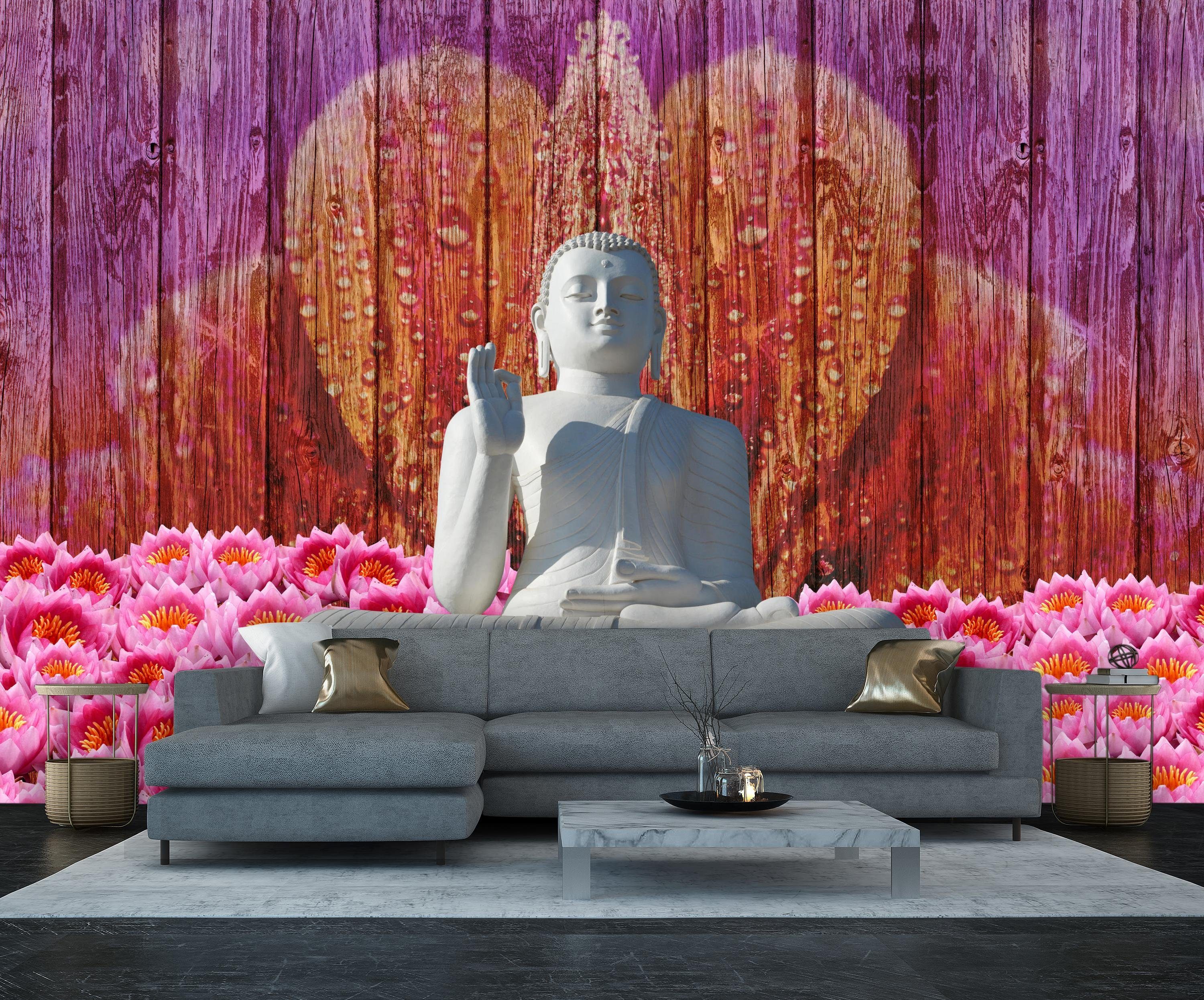 wandmotiv24 glatt, matt, Weiß Buddha-Statue, Fototapete Sitzende Motivtapete, Vliestapete Wandtapete,