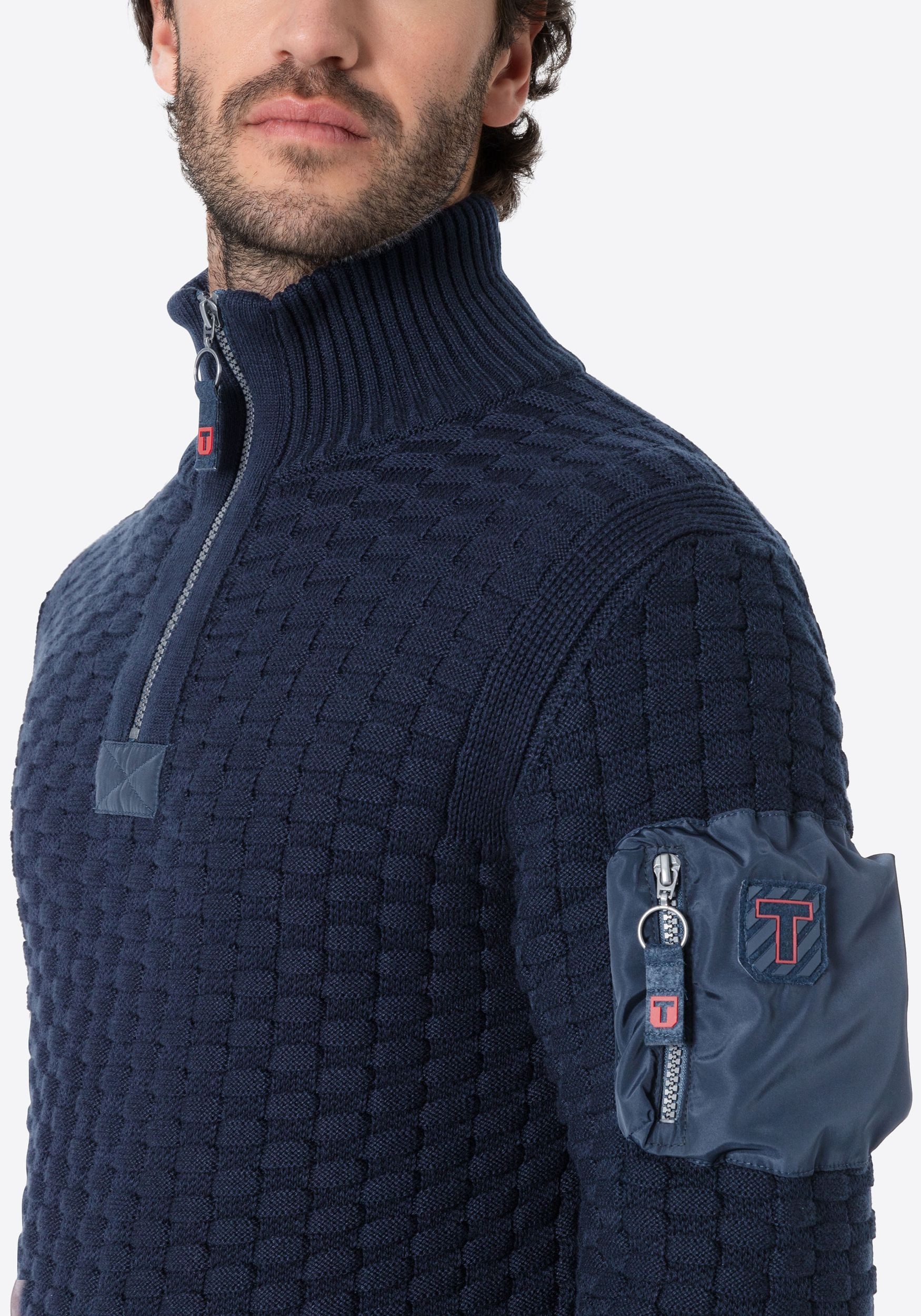 TIMEZONE Strickpullover Strickpullover 3D-Schachbrettmuster Ärmeltasche Heavy Knit Seamans Troyer
