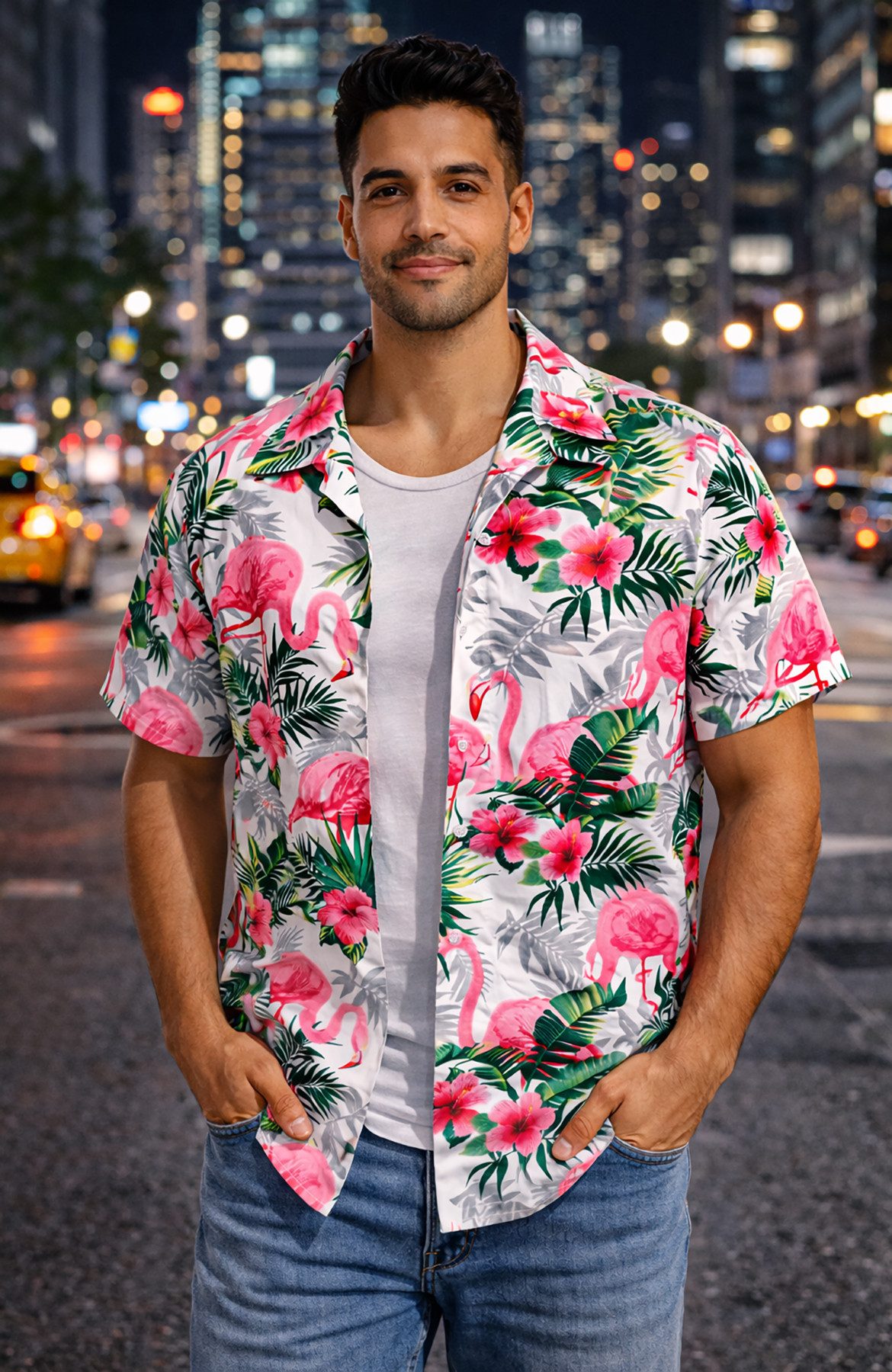 King Kameha Hawaiihemd "Flamingo Flowers" Funky Hawaii-Hemd Herren Kurzarm Front-Tasche