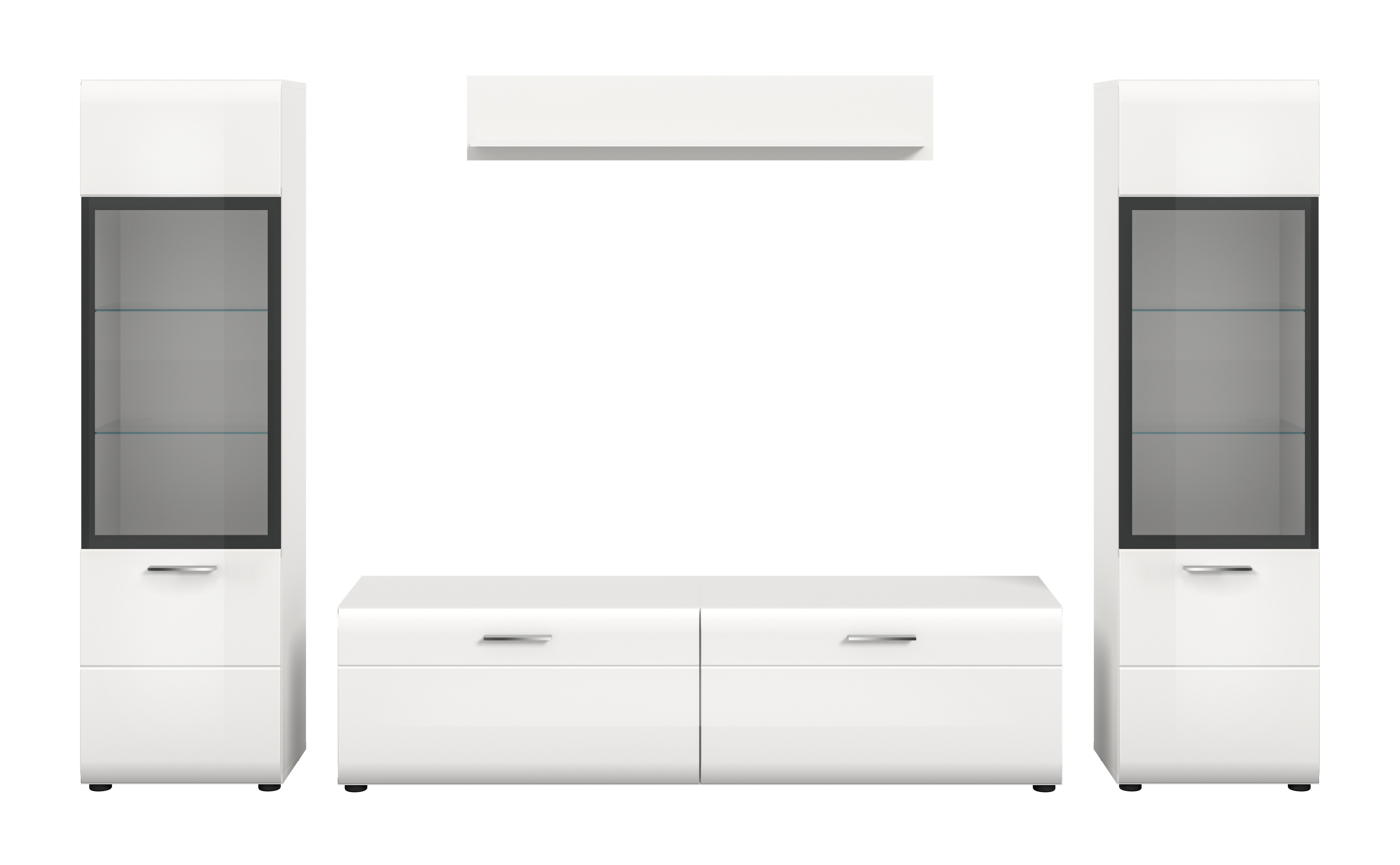 furnling Wohnzimmer-Set Ivy, (4-St., Lowboard, 2x Vitrine, Wandboard), mit Rillenfräsung in der weißen Hochglanz Front, Breite 280 cm