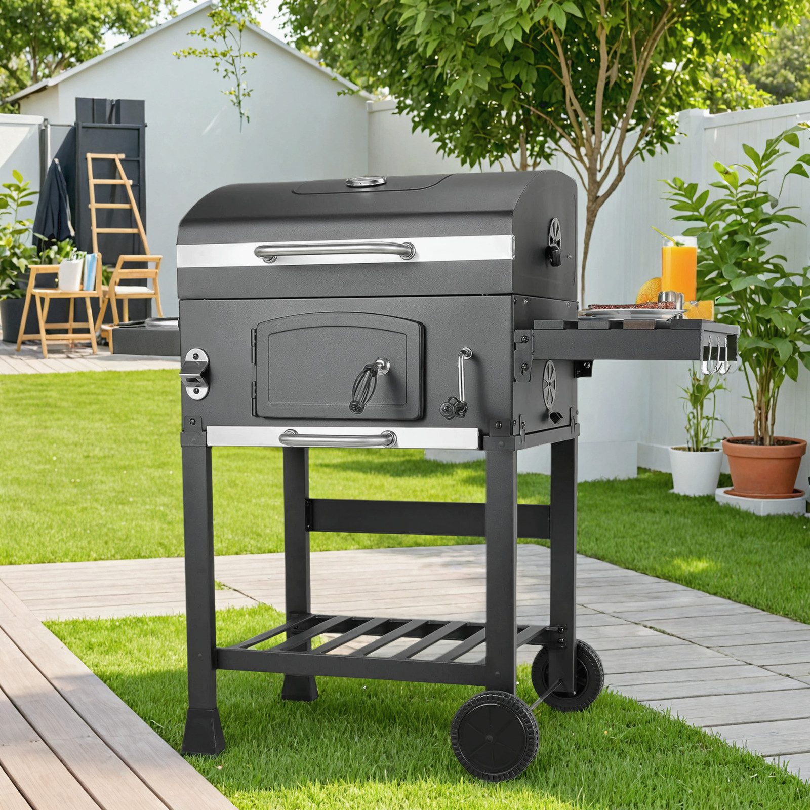 TLGREEN Holzkohlegrill mit Deckel, Grill Grillwagen BBQ Smoker XL, Holzkohlegrill mit Ablage, Standgrill, Groß Kohlegrillwagen für Camping, Garten