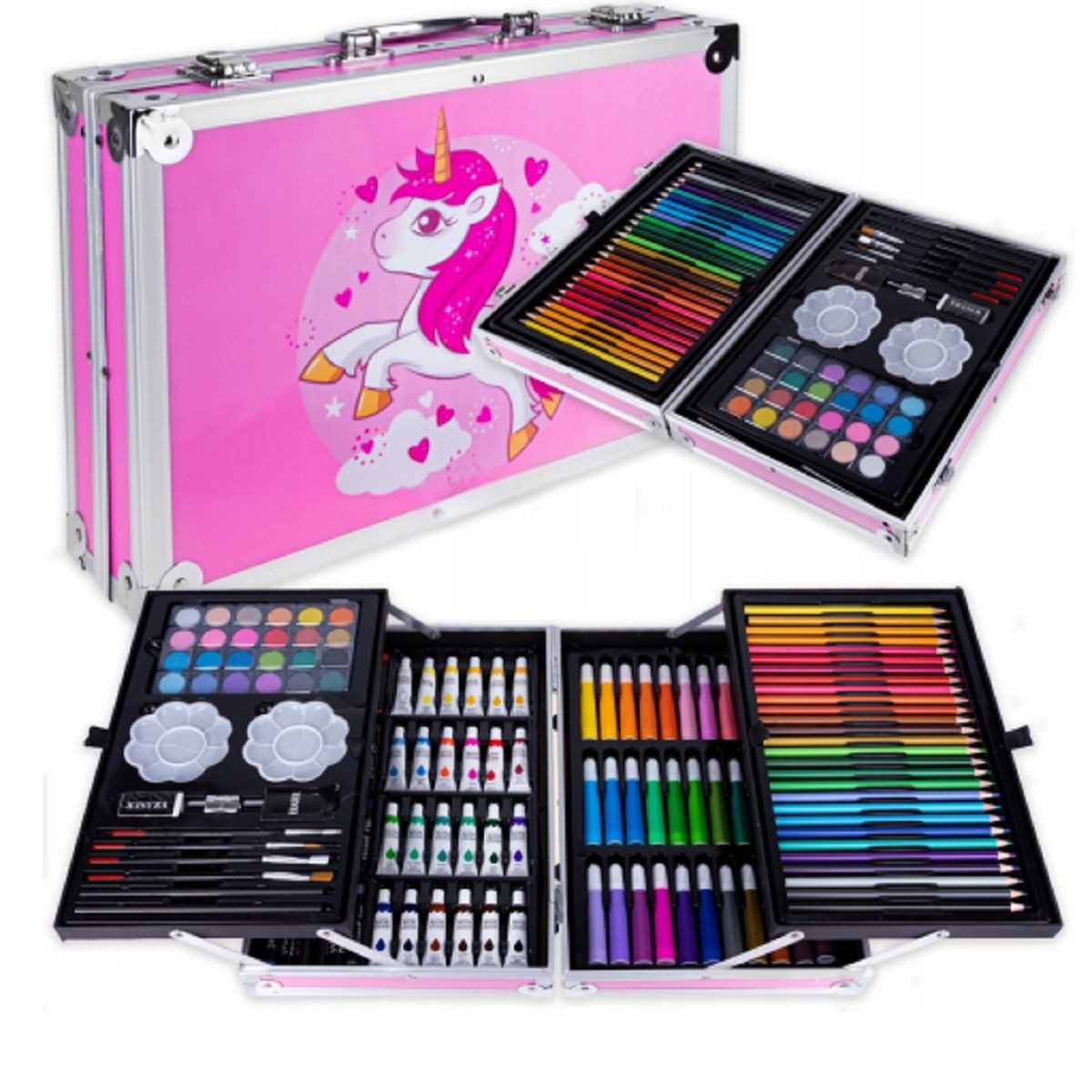Disney Malpalette Einhorn Kinder Malset 145-teilig Pink– Malkoffer mit Stiften & Farben