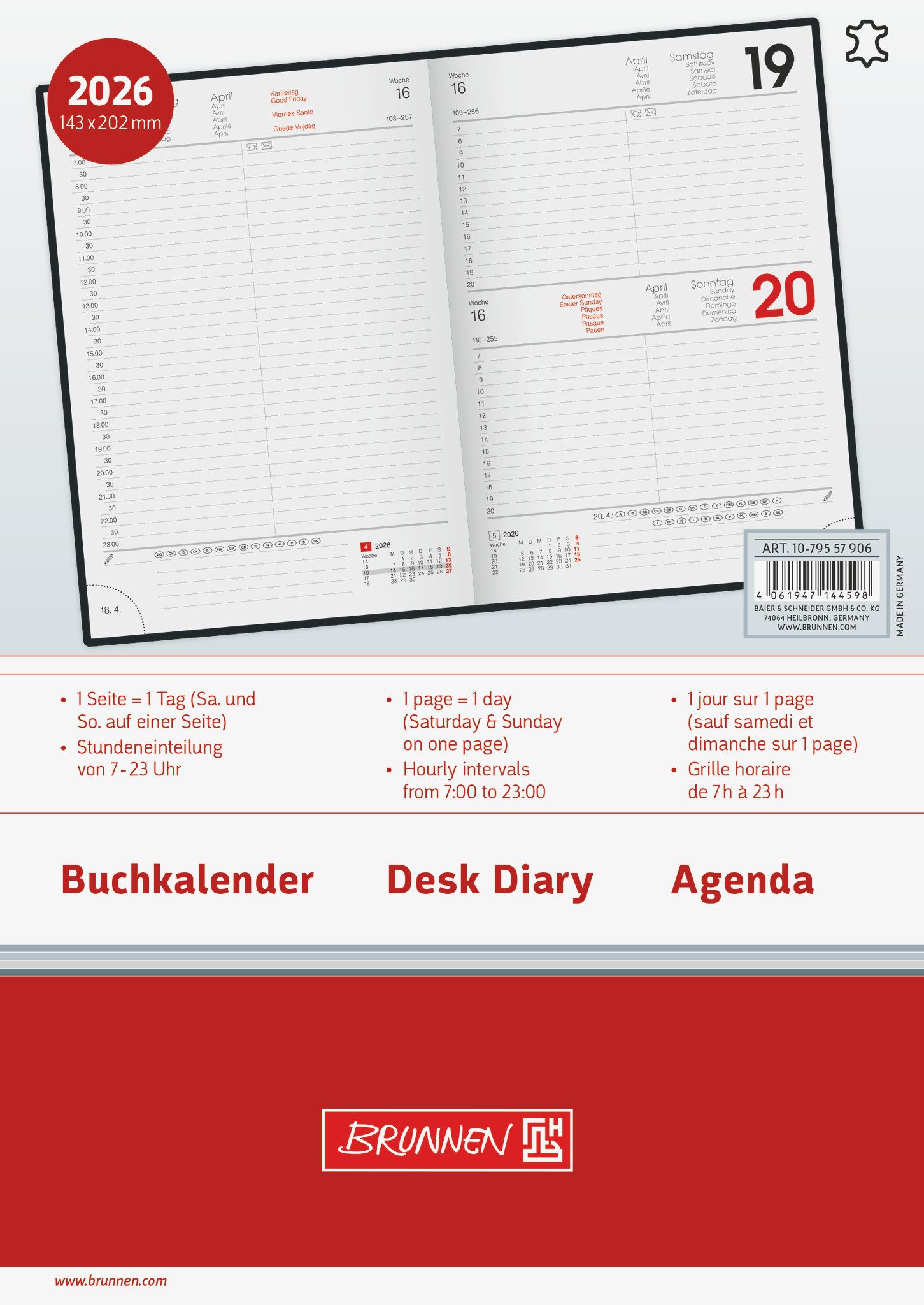 BRUNNEN Taschenkalender BRUNNEN 1079557906 Buchkalender A5 sw 1S/1T Leder