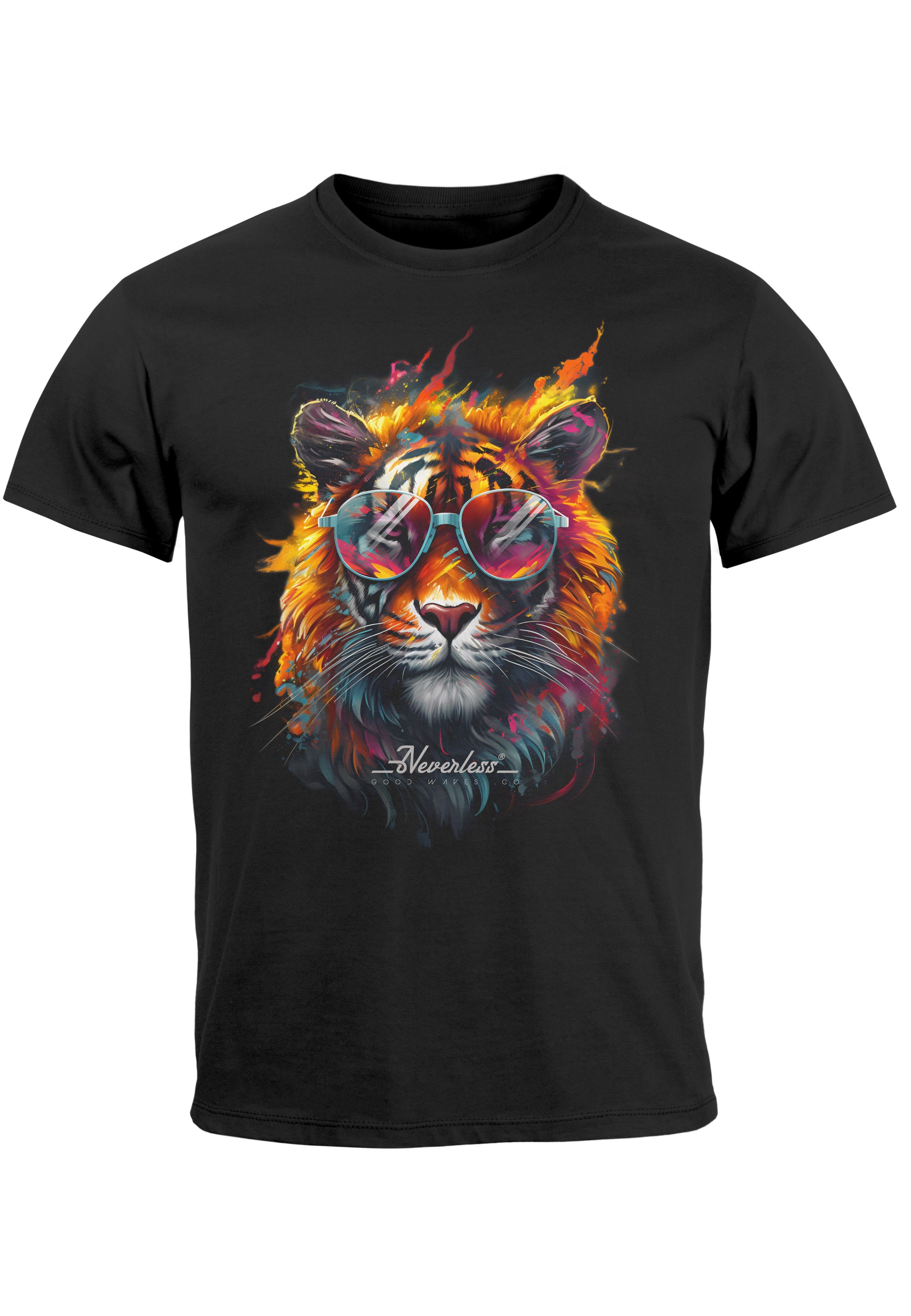 Neverless Print-Shirt Herren T-Shirt Tiger Sonnenbrille Aufdruck Kunst schwarz mit Flammen Print Sommer Print