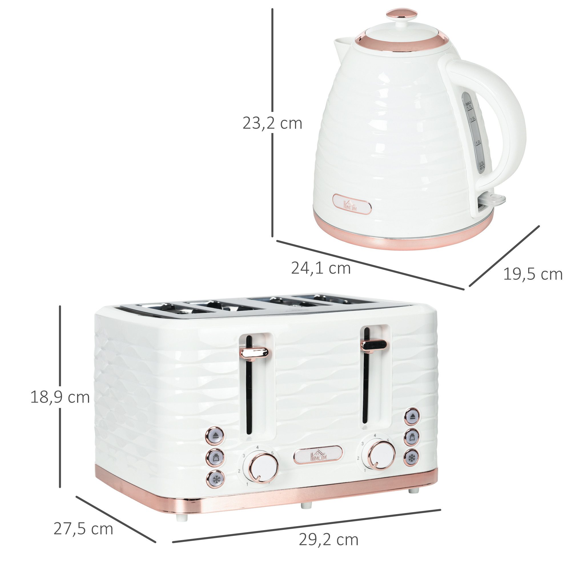 HOMCOM Toaster Wasserkocher Frühstück-Set: 1,7L, 4 Scheiben, 7 Bräunungsstufen, Kocher-Toaster-Set, für Frühstückszubereitung, 2200 W, Auftauen, Aufwärmen und Krümelfach, Otter Thermostat, Cremeweiß