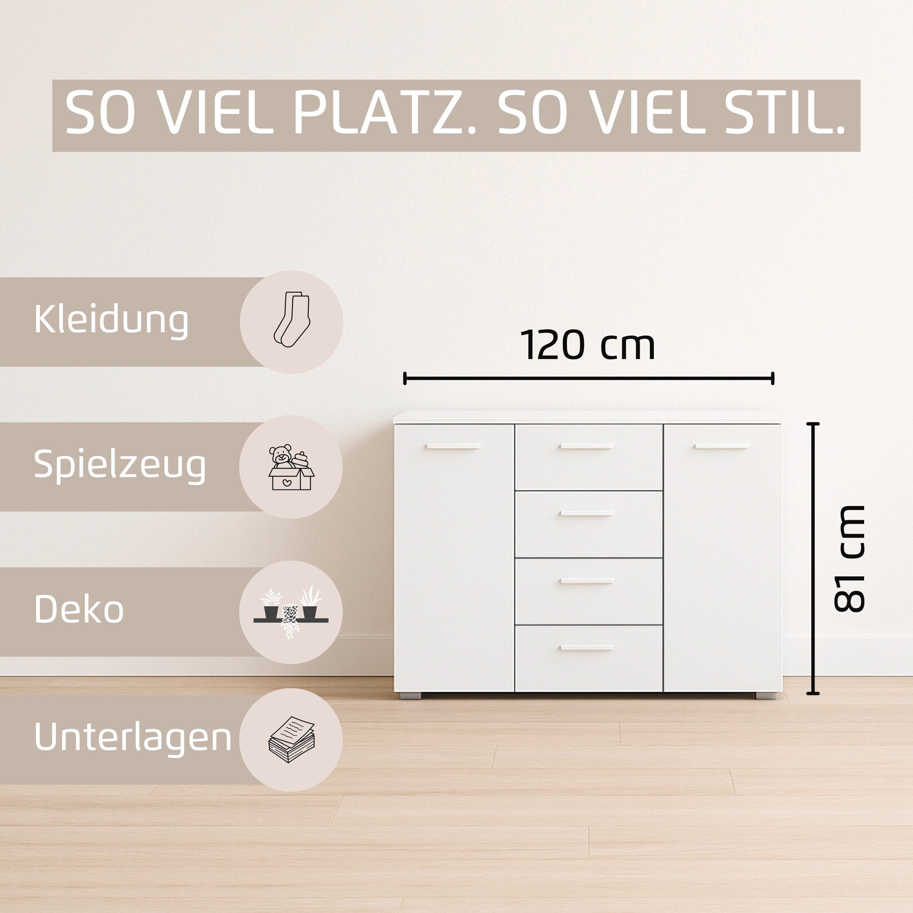 rauch Kombikommode Sideboard Schubladenkommode OTELI mit Dekor- und Hochglanzfront (Breite 120 cm inkl. Soft-Close-Funktion), vier große Schubladen und 2 Türen, mit 4 Einlegeböden MADE IN GERMANY