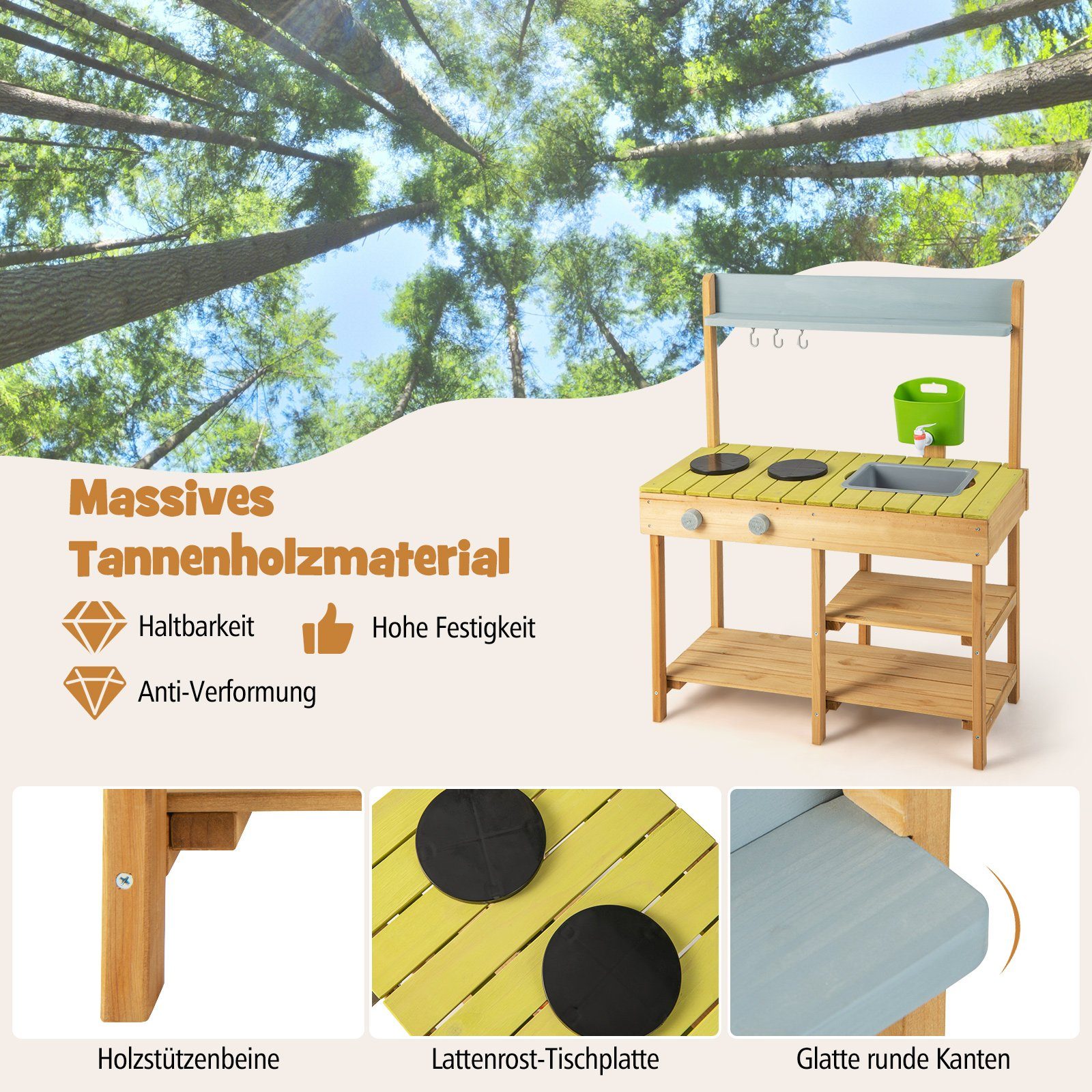 COSTWAY Outdoor-Spielküche Kinderküche Holz, mit Stauraum, für Garten