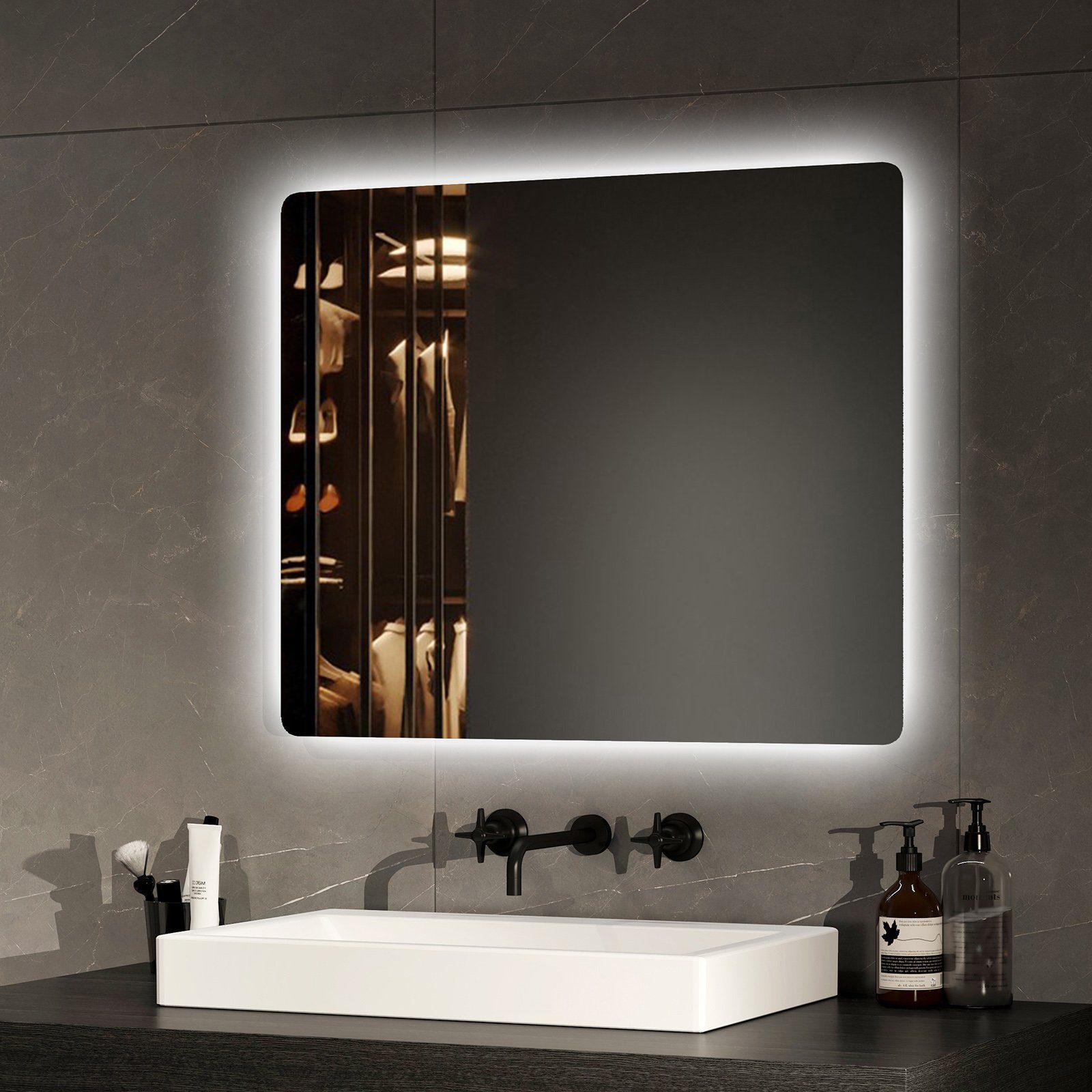 EMKE Badspiegel LED-Lichtspiegel Wandspiegel mit Beleuchtung und Beschlagfrei (Modell 09, ohne Rahmen, Höhe: 60cm), 2 Farben des Lichts, Druckknopfschalter,Energiesparend,60 x50 cm