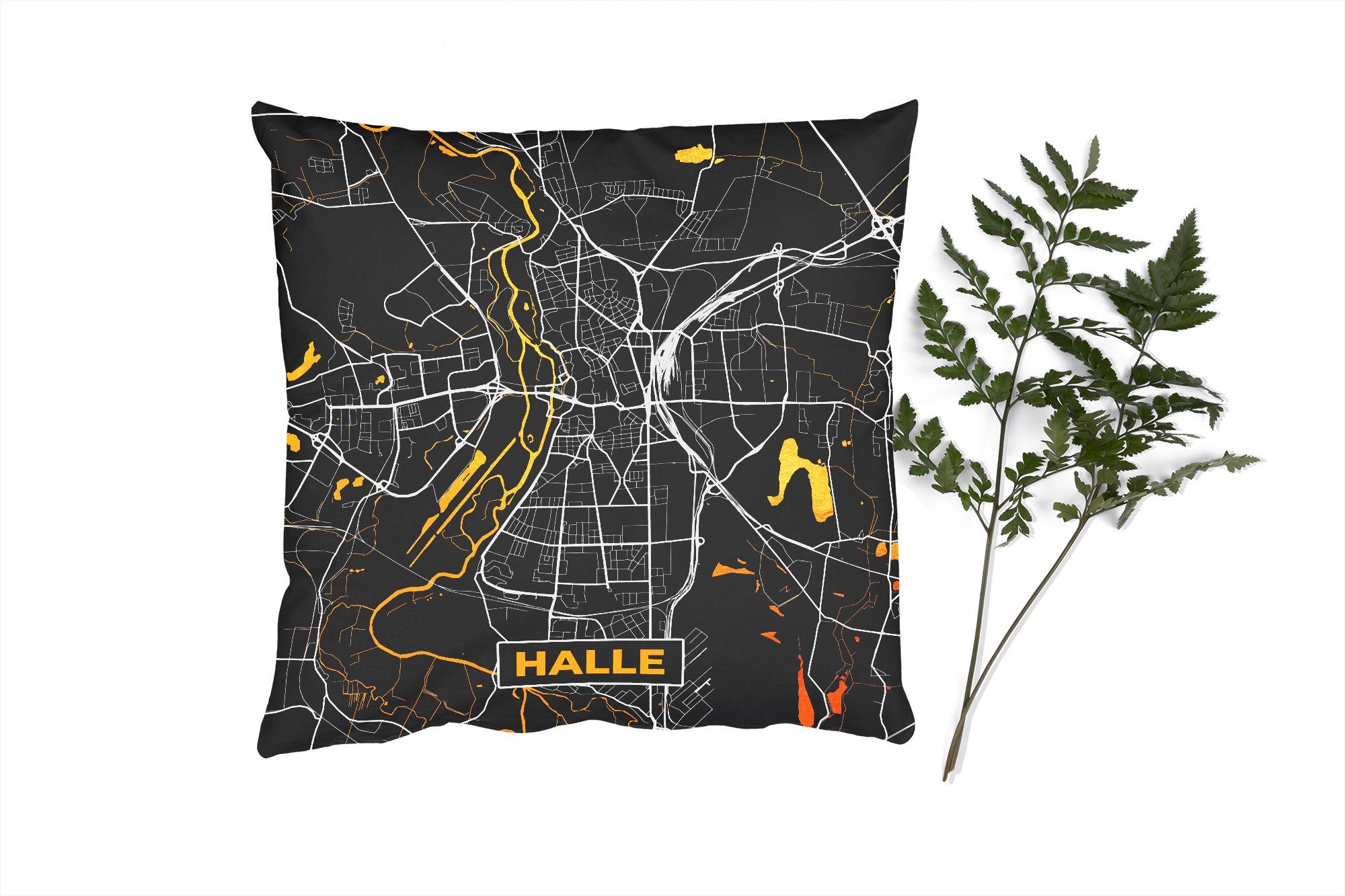 Halle - - Deutschland, Zierkissen - Deko, Karte Schlafzimmer, für Dekokissen mit Stadtplan Gold Füllung MuchoWow Wohzimmer, - Sofakissen
