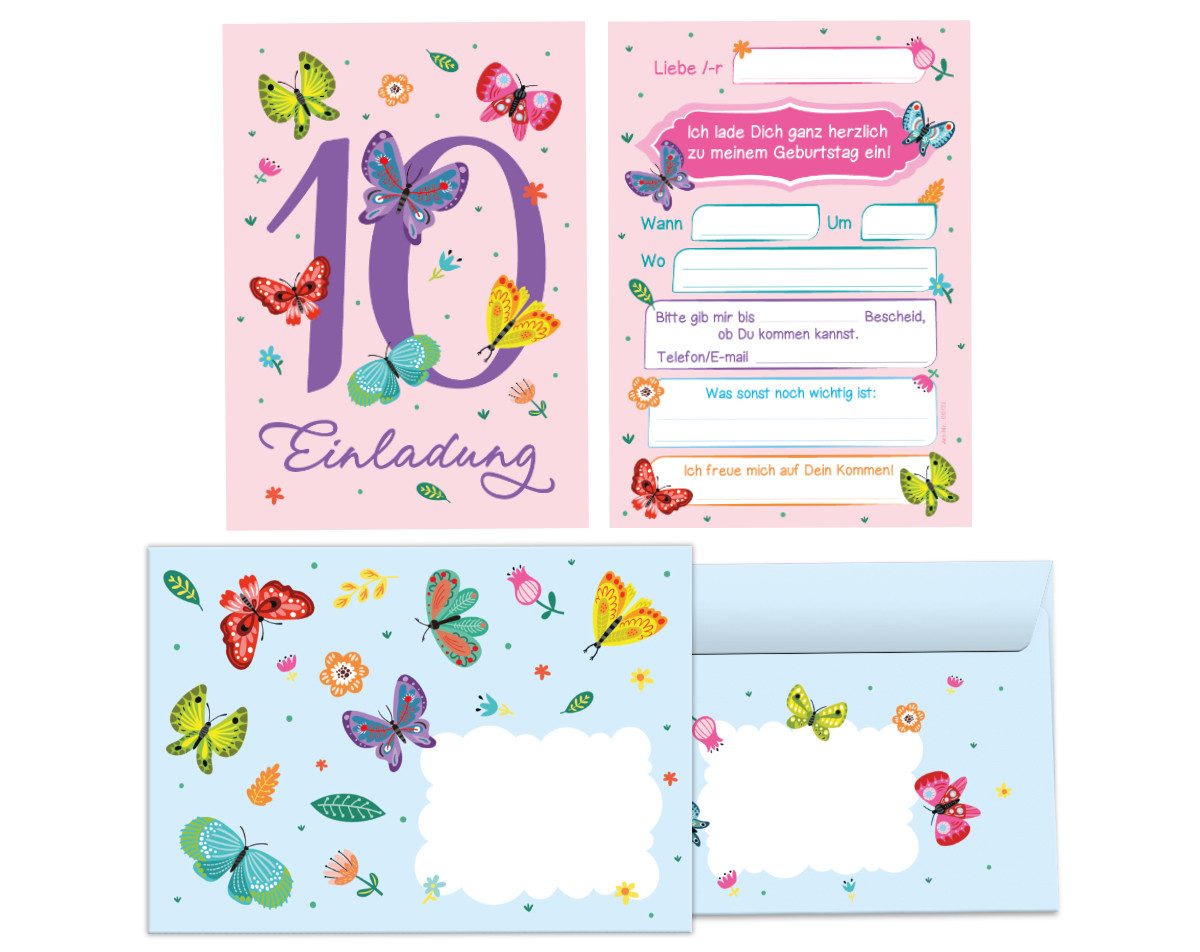 JUNAPACK Einladungskarten Schmetterling zum 10. Geburtstag Einladungen mit Umschlägen Mitgebsel, Mitbringsel Set Schmetterlinge zum zehnten Geburtstag Gastgeschenke