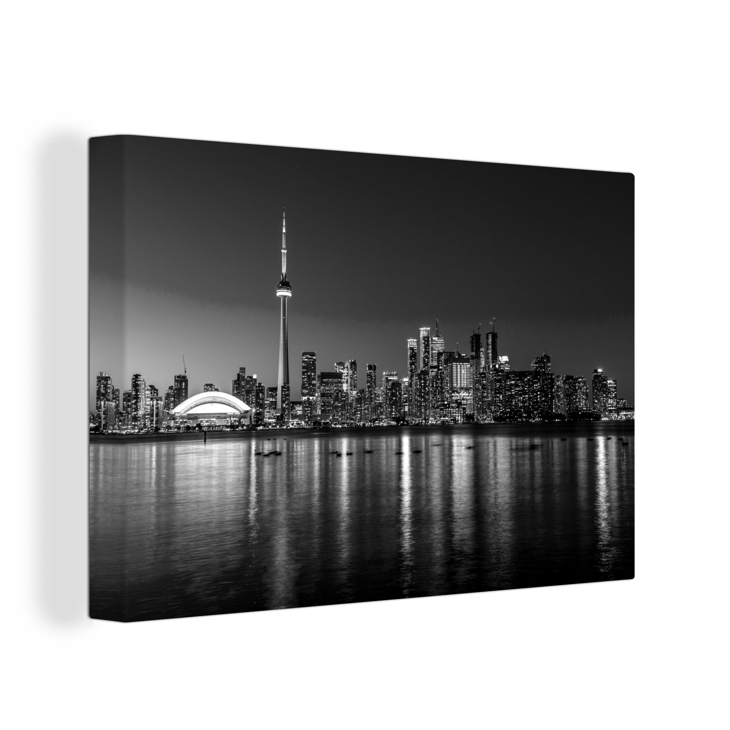 OneMillionCanvasses® Leinwandbild Skyline von Toronto mit Reflexion in der Nacht - schwarz und weiß, (1 St), Wandbild Leinwandbilder, Aufhängefertig, Wanddeko, 30x20 cm