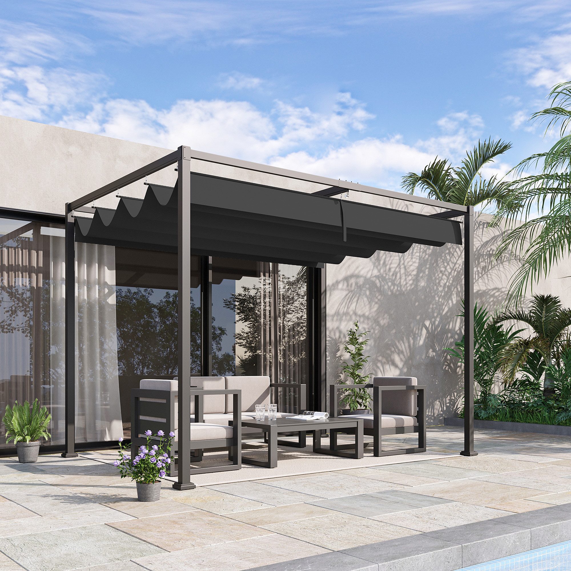 Outsunny Pergola Freistehend mit verstellbares Dach, UV-Schutz aus Metall für Garten, BxTxH: 213x213x221 cm, (Garten Pavillon, 1-tlg., Terrassendachung), Sonnenschutz für Terrasse und Garten, Schwarz