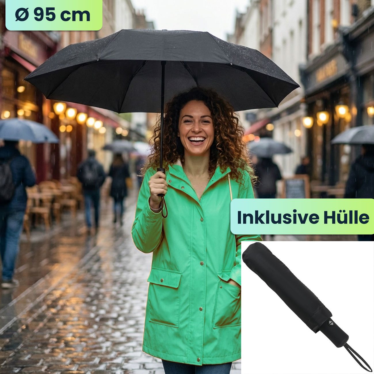 shop'n smile ideoon Taschenregenschirm Kompakter Automatik-Regenschirm in Schwarz - Ø 95cm, Windfester, Schnelltrocknend & Robust