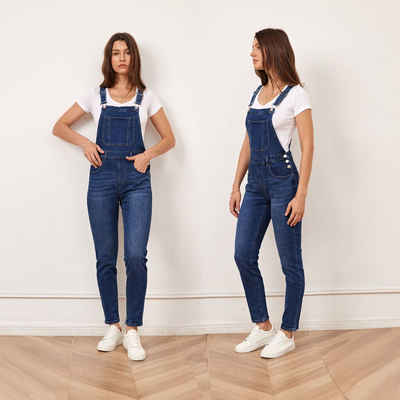 Ital-Design Latzjeans Damen Freizeit Used-Look Stretch Latzhose in Blau