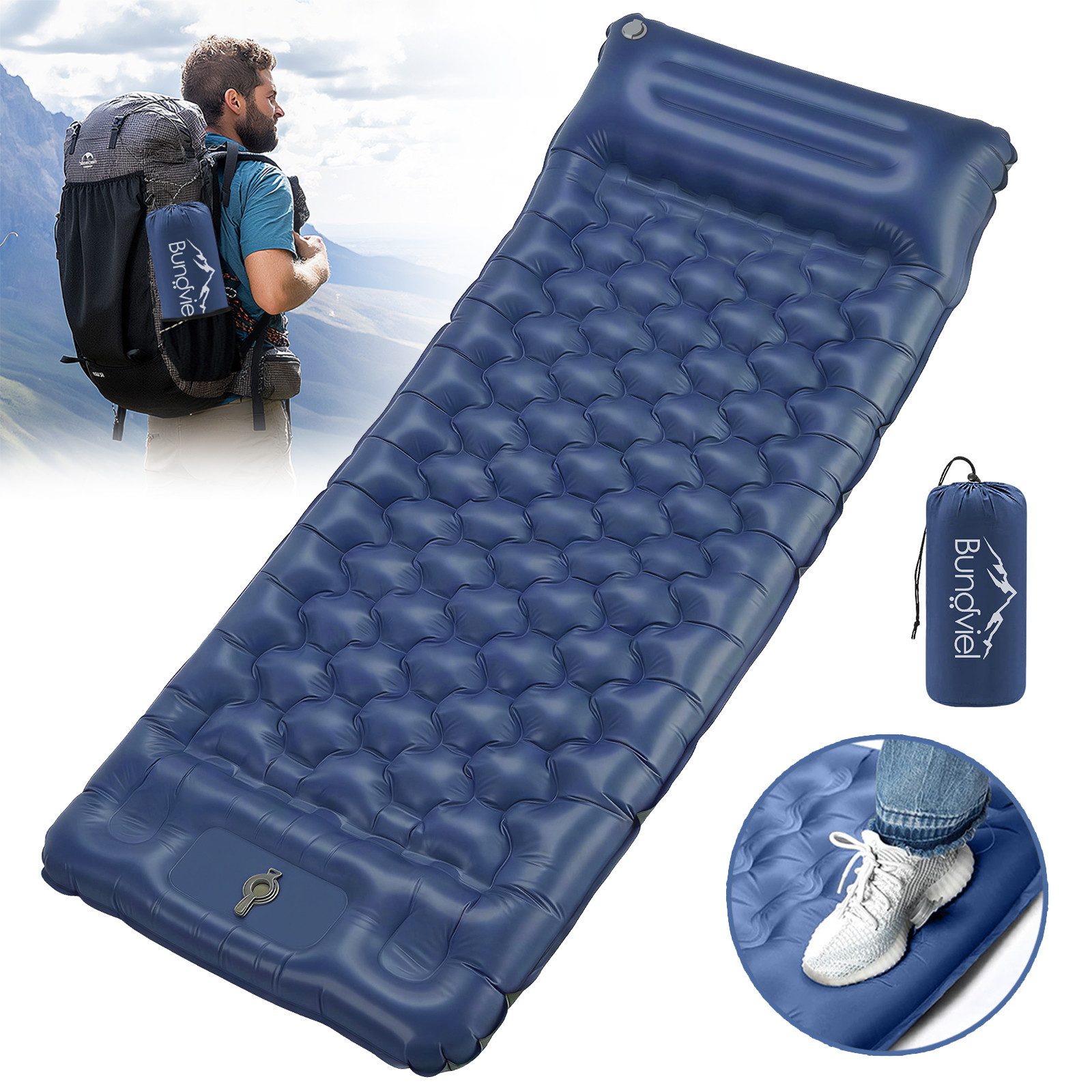 Bundviel Isomatte Camping Selbstaufblasend 12cm Dicke Luftmatratze Utraleicht mit Fußp, Ultraleicht 196x70x12cm / 196x83x12cm