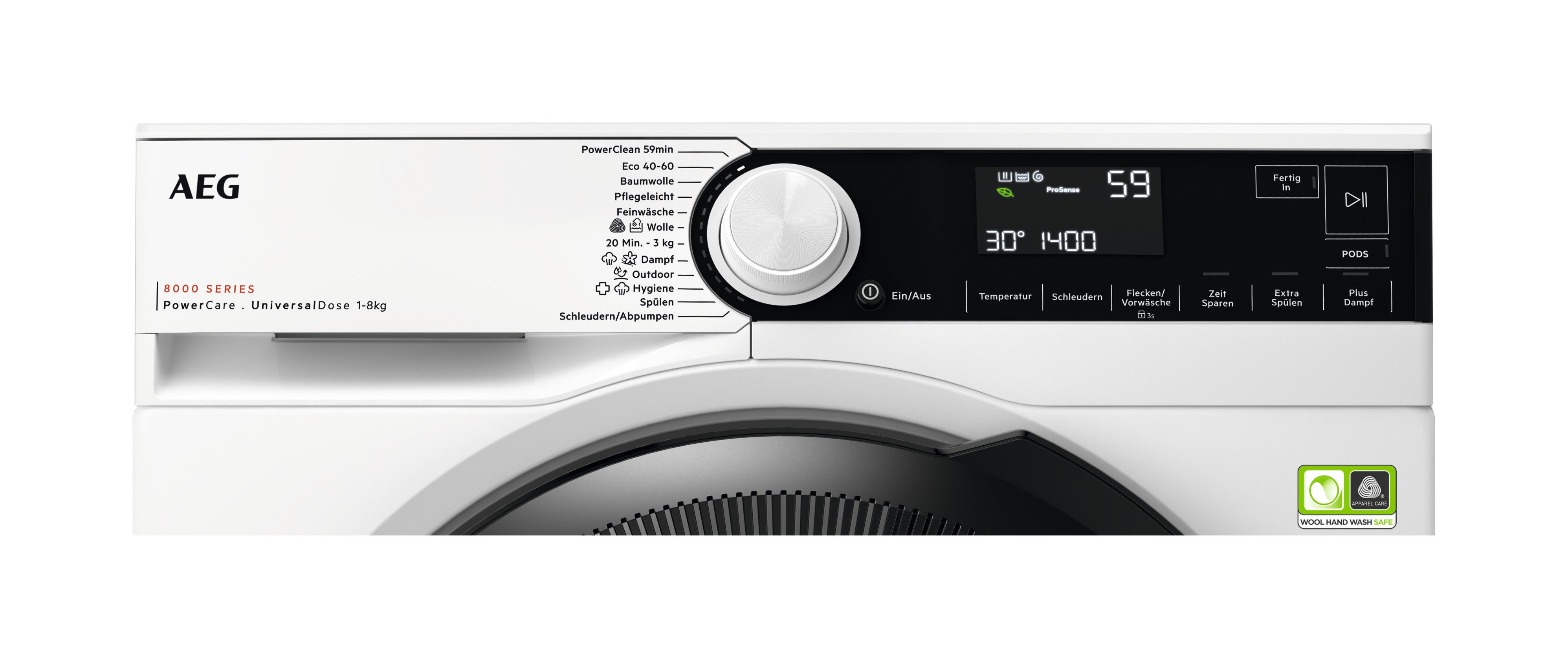 AEG Waschmaschine 8000 PowerCare® LR8E70480, 8 kg, 1400 U/min, UniversalDose: löst PODS®/Caps 60 % schneller auf für beste Reingung