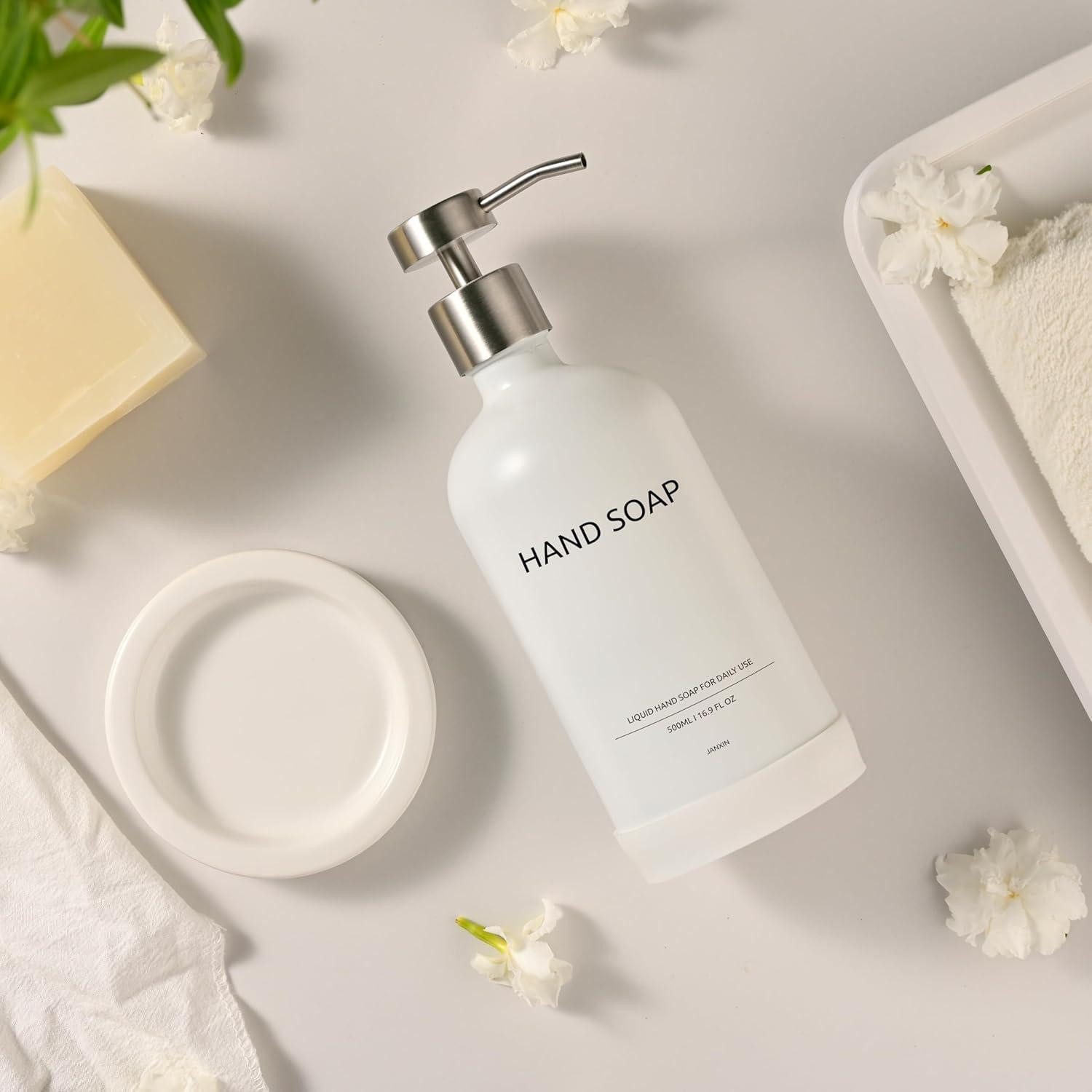 LuxusKollektion Seifenspender Glas Seifenspender mit Keramikschale Weiss 500ml – Bild 5 von 5