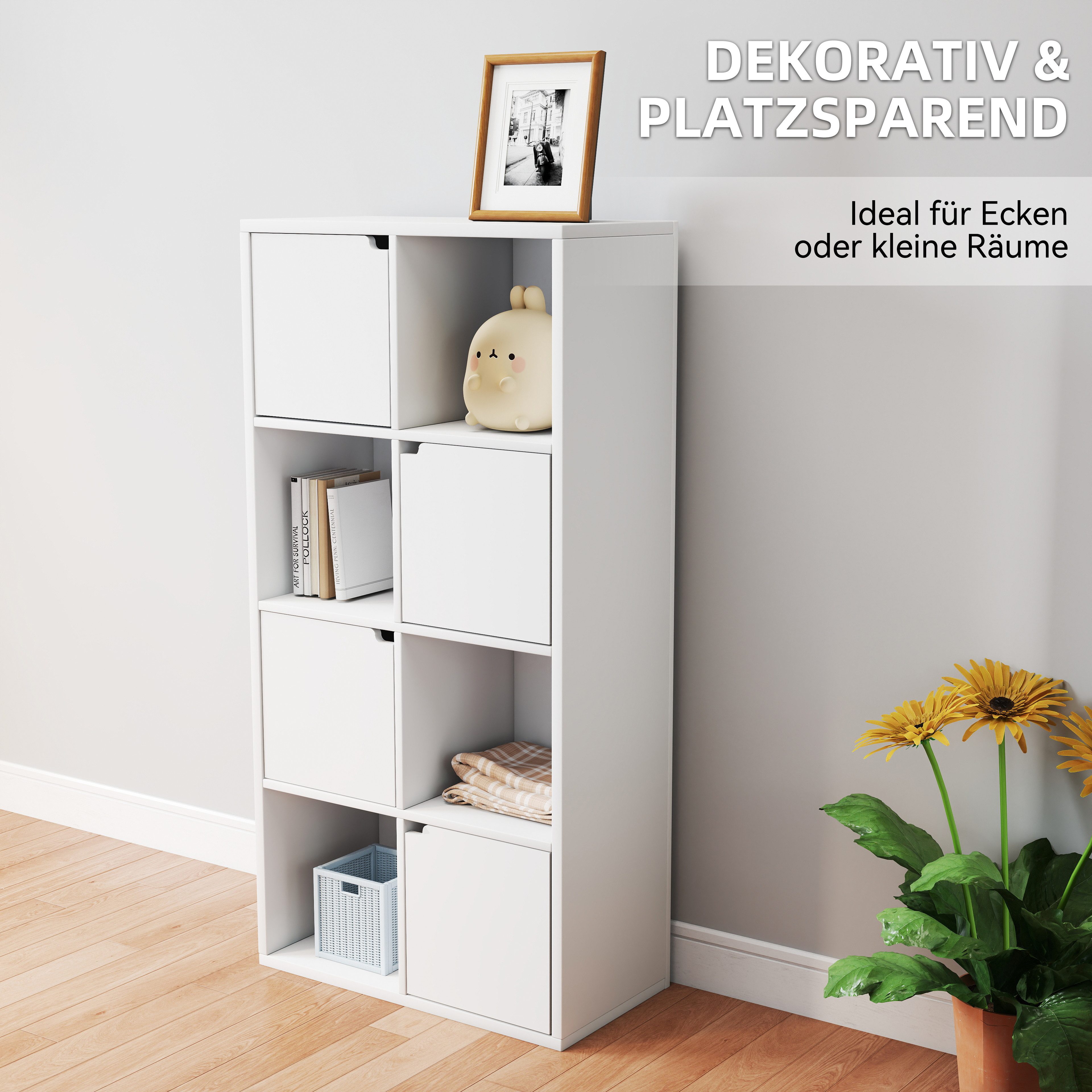 oyajia Bücherregal Bücherschrank 112cm für Wohnzimmer Home Office, 8 Fächer mit 4 Türen, Standregale, für Wohnzimmer, Büro, Weiß