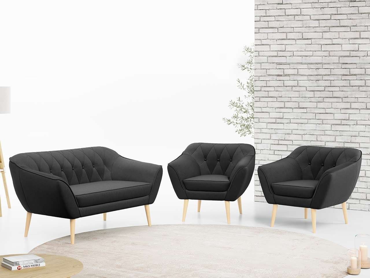 MKS MÖBEL Sofa PIRS 2 1 1, Moderne Sofa Set, Skandinavische Deko, Pirs Loungesofa und Zwei Sessels Dunkelgrau Casablanca