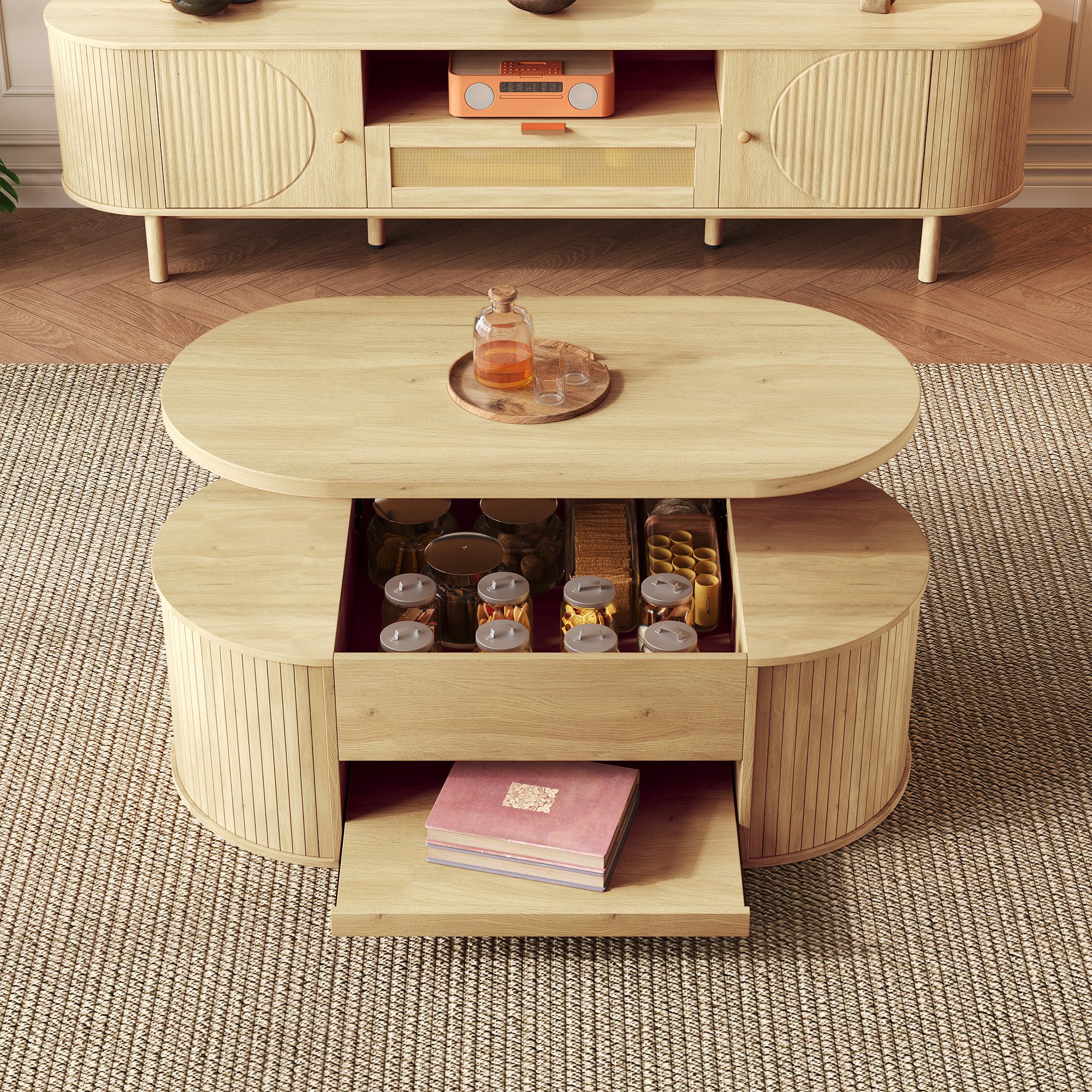 MODFU Couchtisch höhenverstellbarer Couchtisch mit Holzoptik (Beistelltisch, Sofatisch, 1-St., ausziehbarem Regal), mit gebogenen Holzseiten