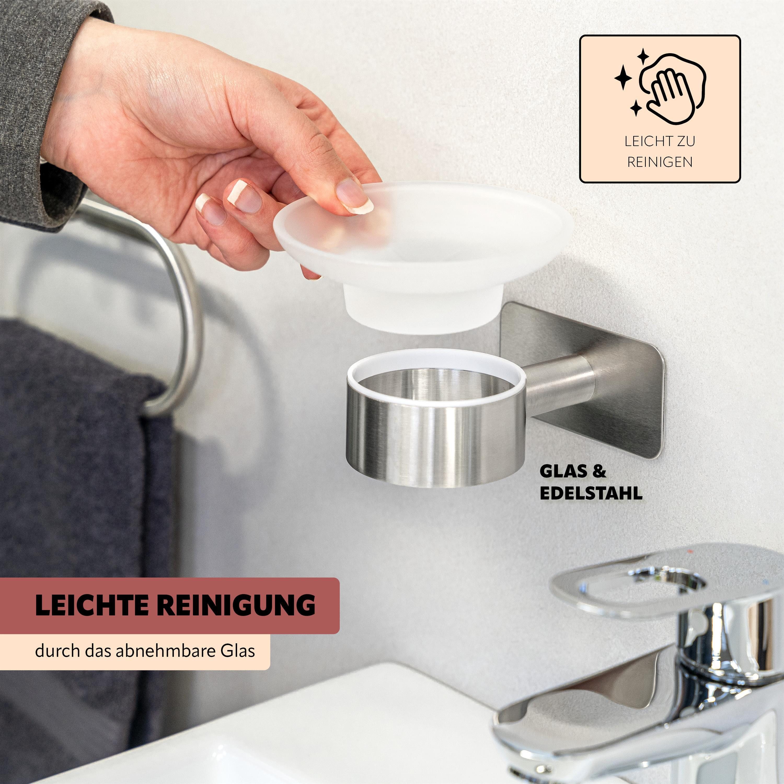 bremermann Seifenschale Bad-Serie PIAZZA TAPE - mit Klebepad, aus Glas und Edelstahl, Breite: 11 cm, 1-St. – Bild 5 von 5