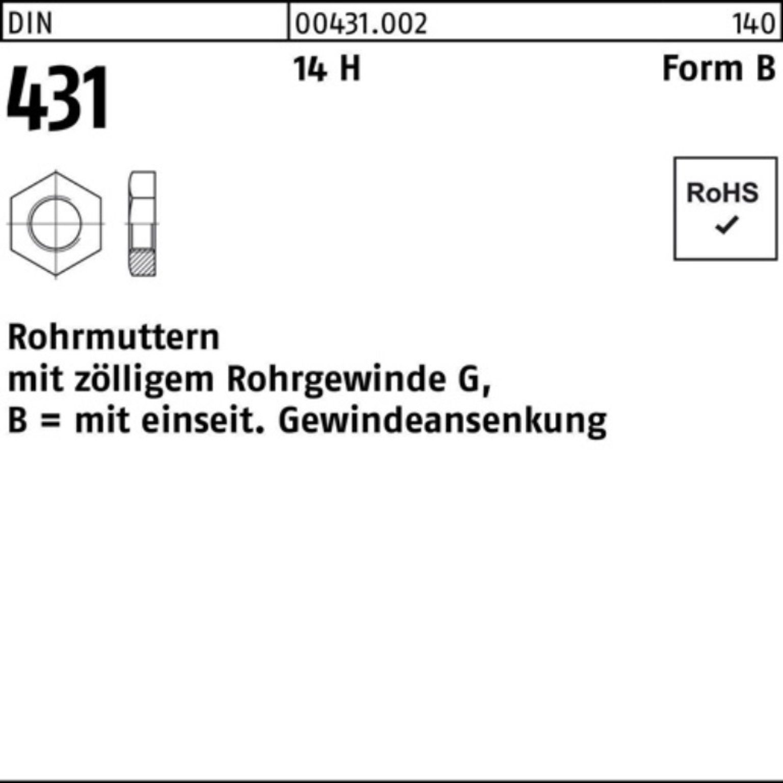 DIN BG 431 14 Form 431 H 2 14 Pack Reyher Rohrmutter H 1 DIN Stück R B 100er Rohrmutter