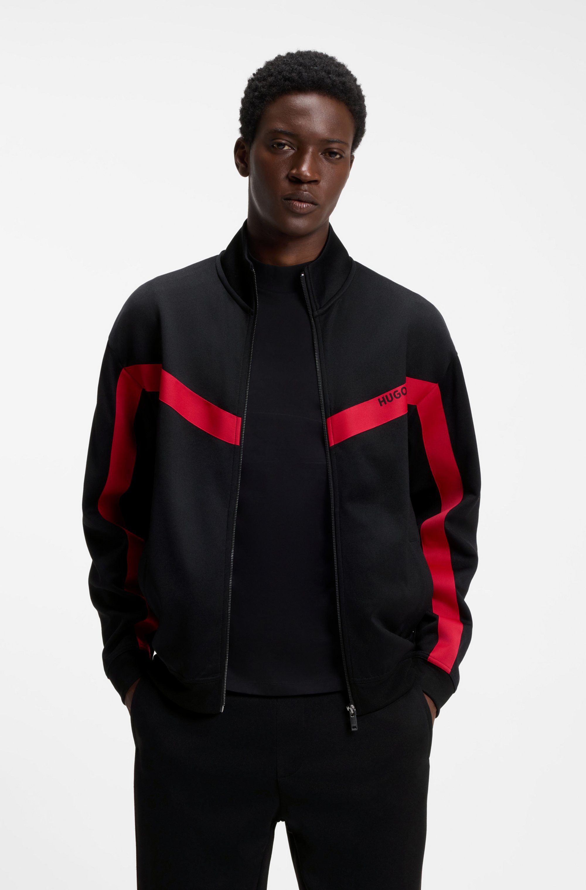 HUGO Sweatjacke Darti Stehkragen, Relaxed Fit, Logo-Tape