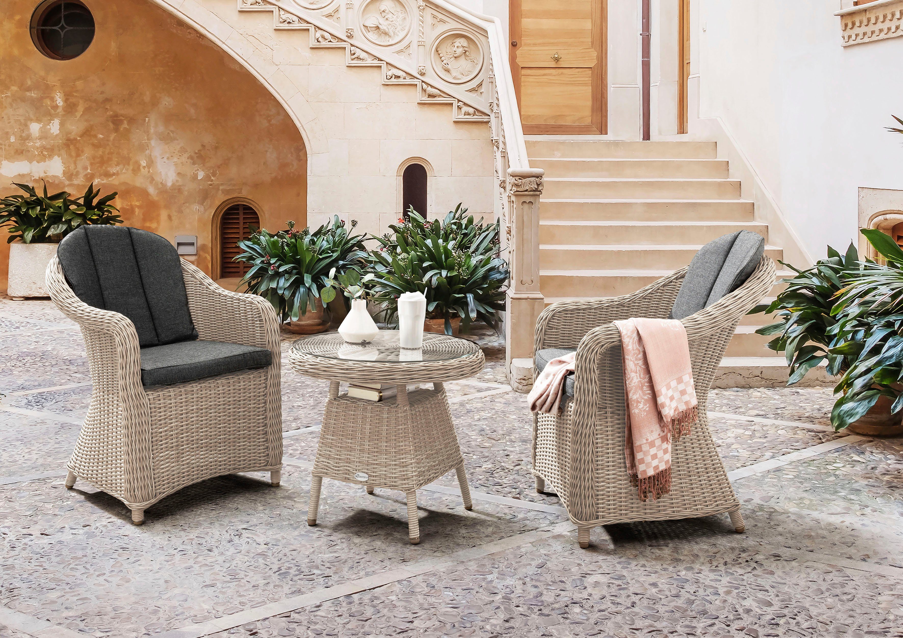 Destiny Balkonset MALAGA, (7-tlg., 2x Sessel, 1x Beistelltisch, inkl. Auflagen), Aluminium, Polyrattan