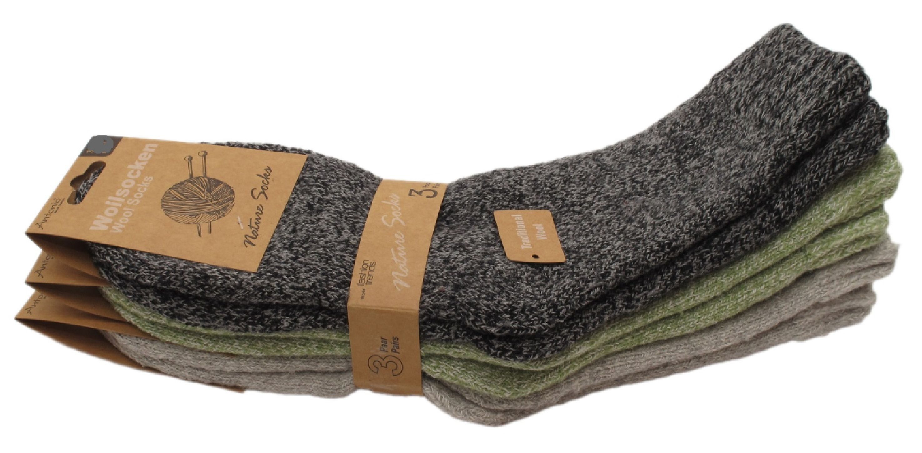Antonio Socken 3 Paar Wollsocken Socken Strümpfe Damen Schwarz Grau Grün Meliert