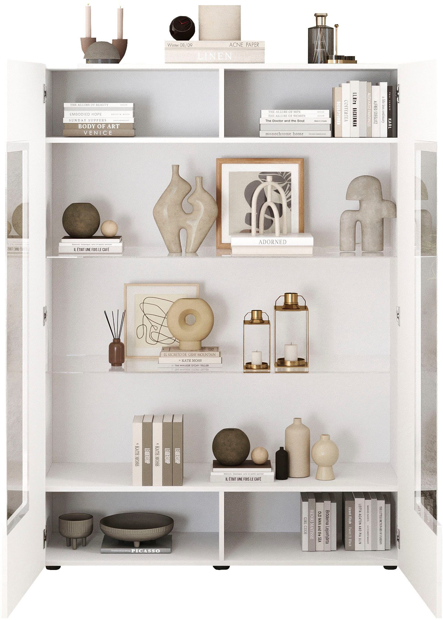 Home affaire Vitrine RIO, Höhe 166 cm, Hochschrank mit 2 Türen, Anrichte, Standvitrine Vitrinenschrank, geriffelte MDF-Fronten, modern, elegant, geräumig