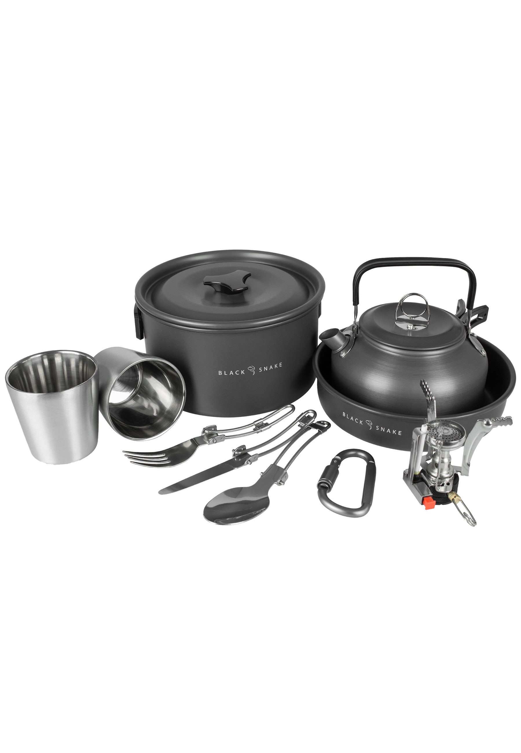 Black Snake Geschirr-Set Camping Kochgeschirr Set 10-teilig für 1-2 Personen (10-tlg), 2 Personen, Aluminium, Kompaktes Kochset mit Topf, Pfanne, Kessel und Besteck