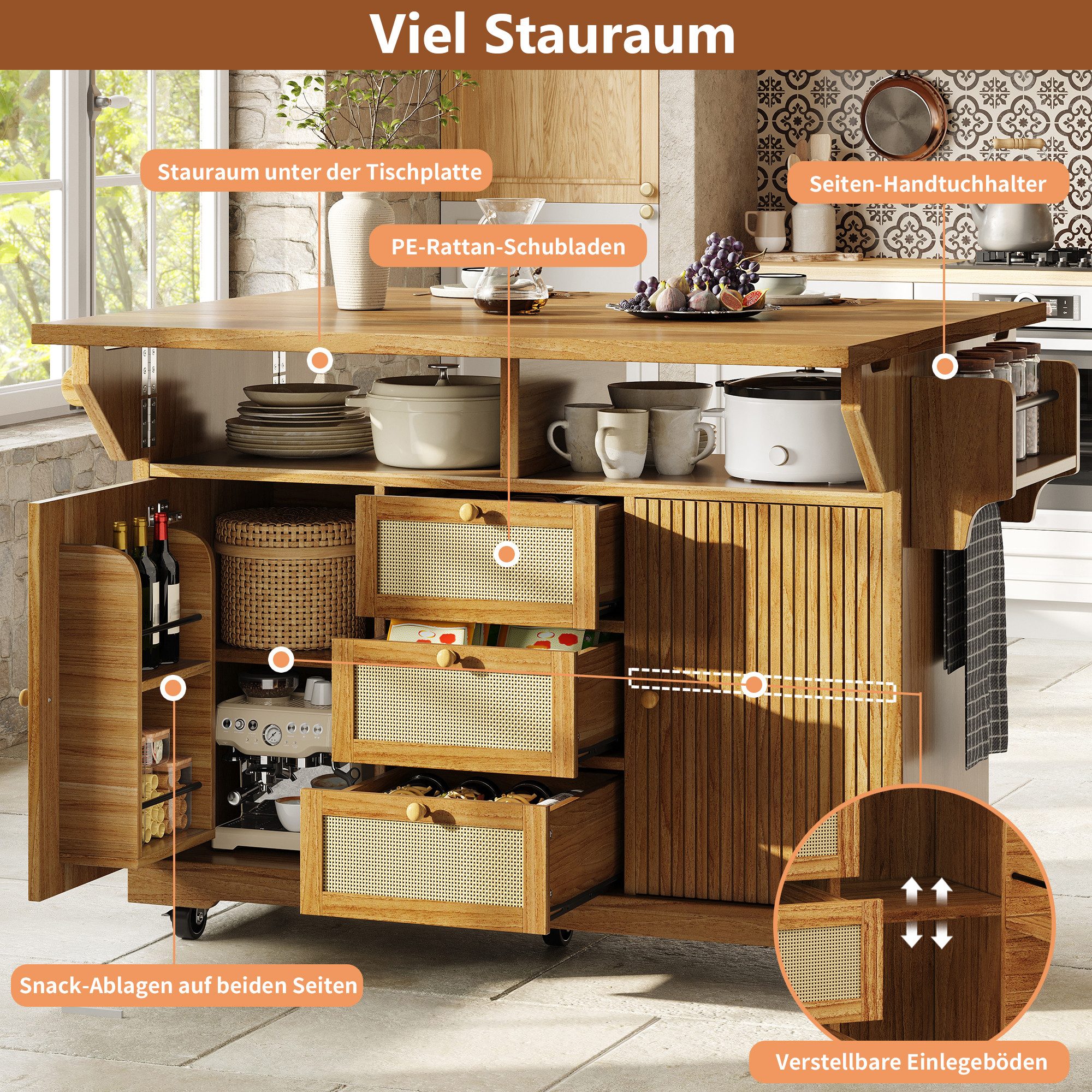 i@home Kücheninsel Küchenwagen Rattan Bartisch mit ausklappbaren Seiten, (Servierwagen mit Rattan-Schubladen), Barwagen für Balkon & Camping, Natur – Bild 4 von 5