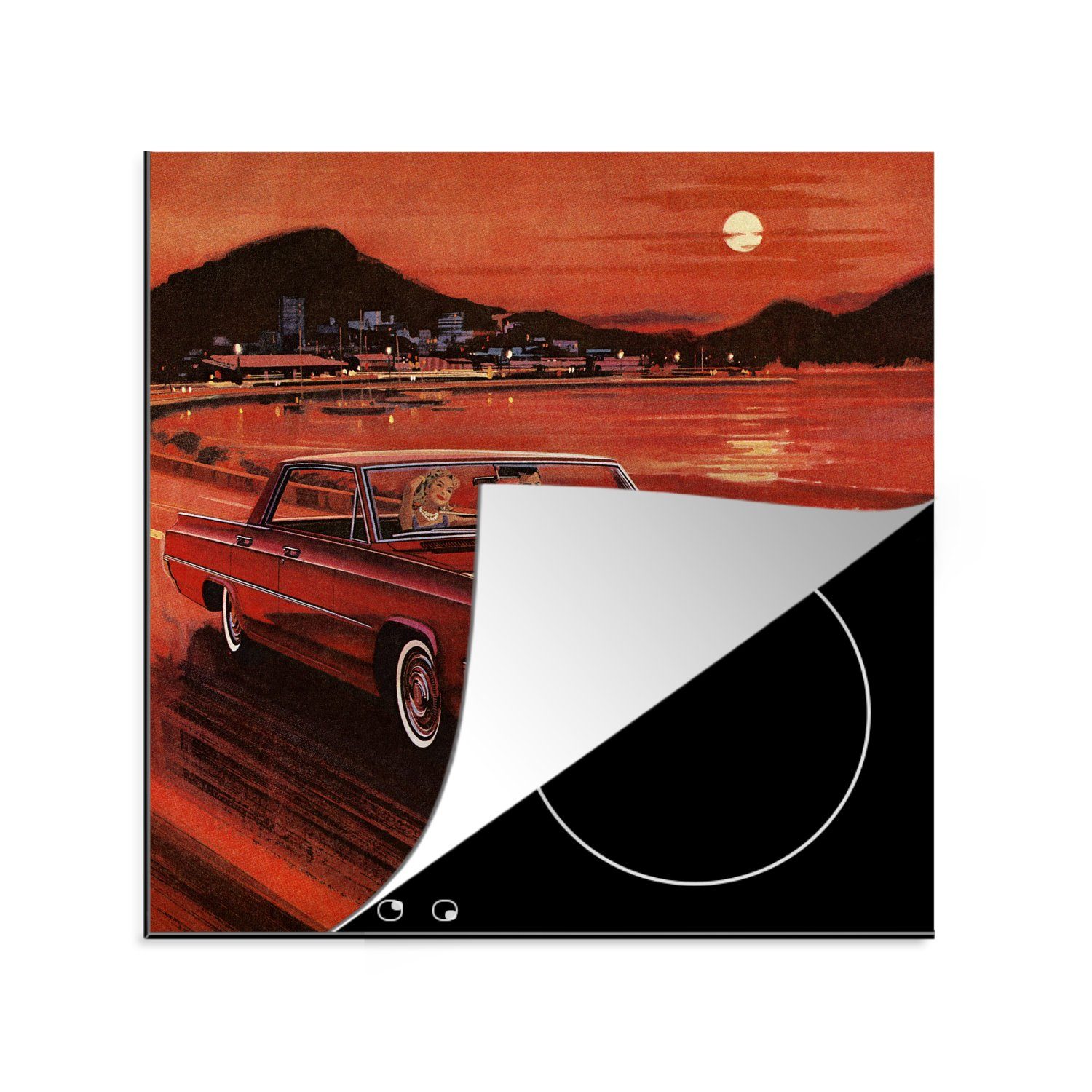 MuchoWow Herdblende-/Abdeckplatte Illustration eines Oldtimers bei Sonnenuntergang in den Bergen, Vinyl, (1 tlg), 78x78 cm, Ceranfeldabdeckung, Arbeitsplatte für küche